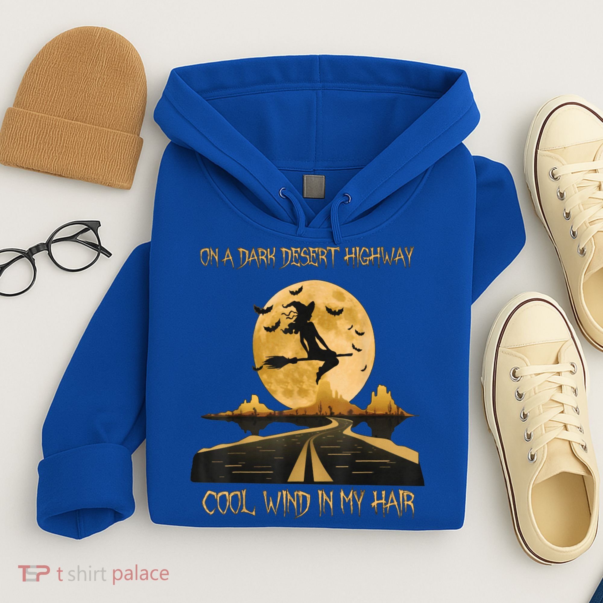 Halloween Witch Riding Brooms On A Dark Desert Highways Road Hoodie