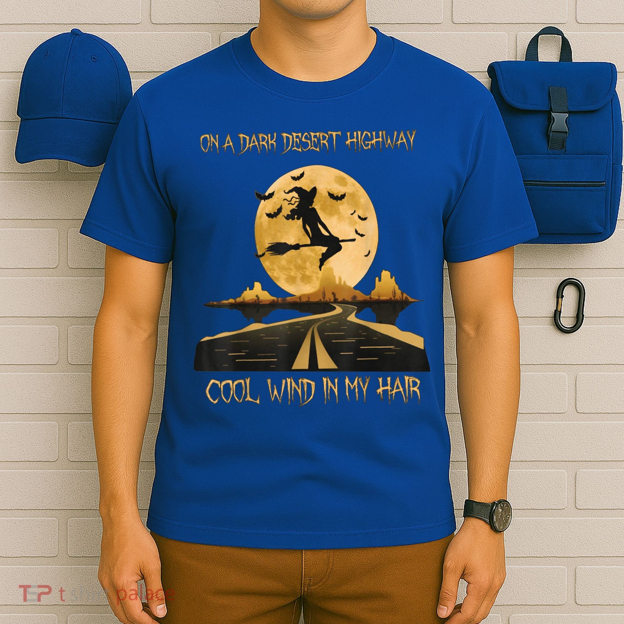 Halloween Witch Riding Brooms On A Dark Desert Highways Road T-Shirt