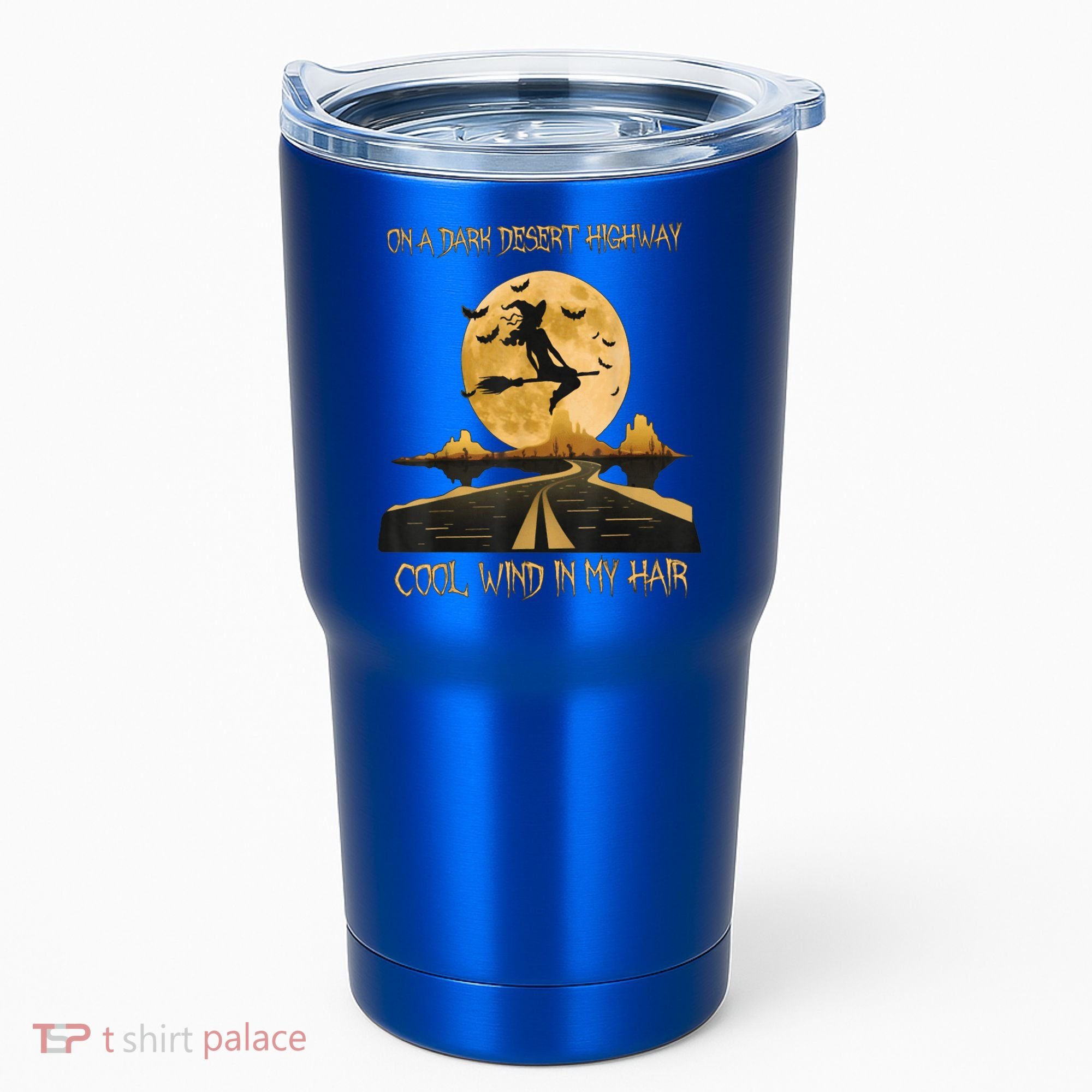 Halloween Witch Riding Brooms On A Dark Desert Highways Road Tumbler
