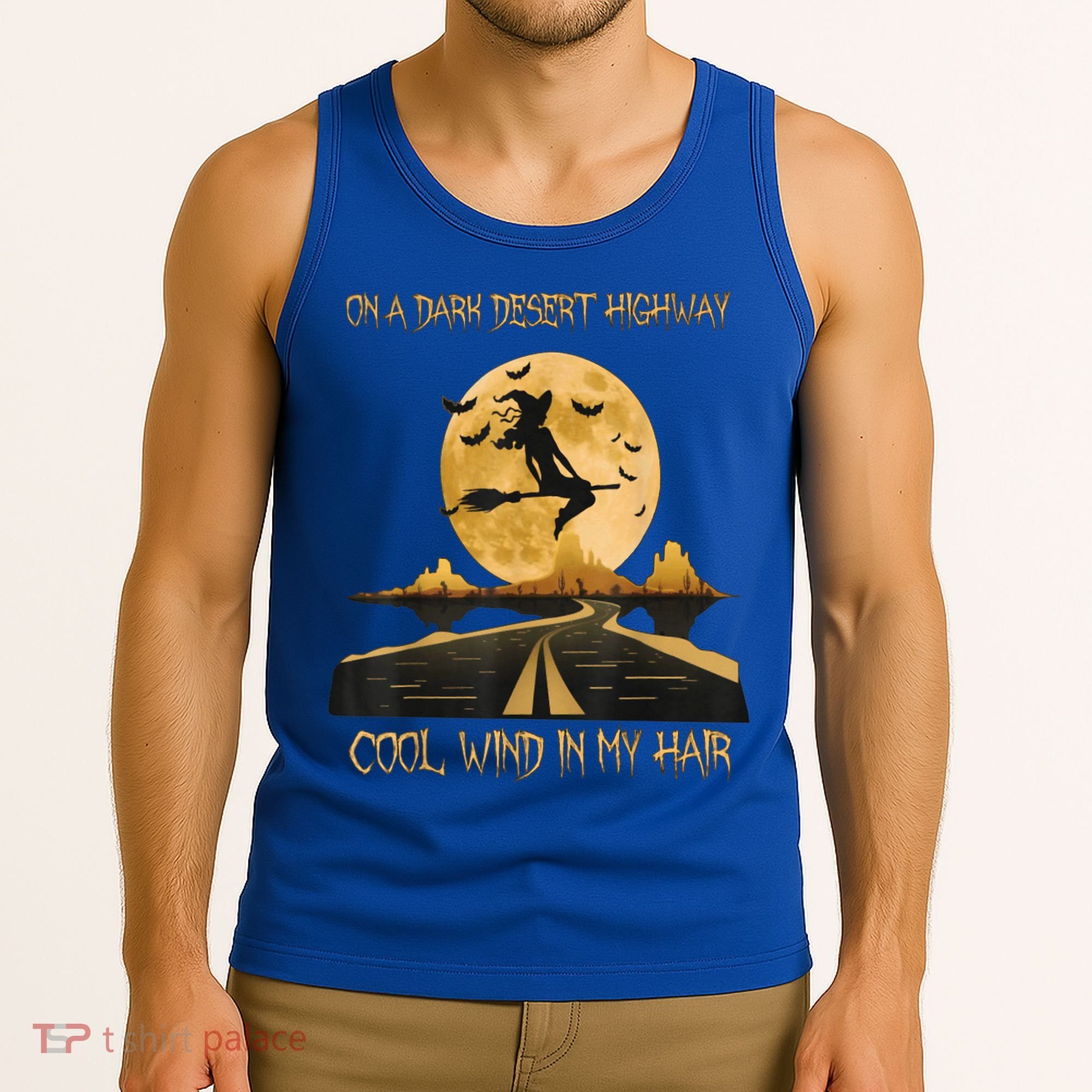 Halloween Witch Riding Brooms On A Dark Desert Highways Road Tank Top