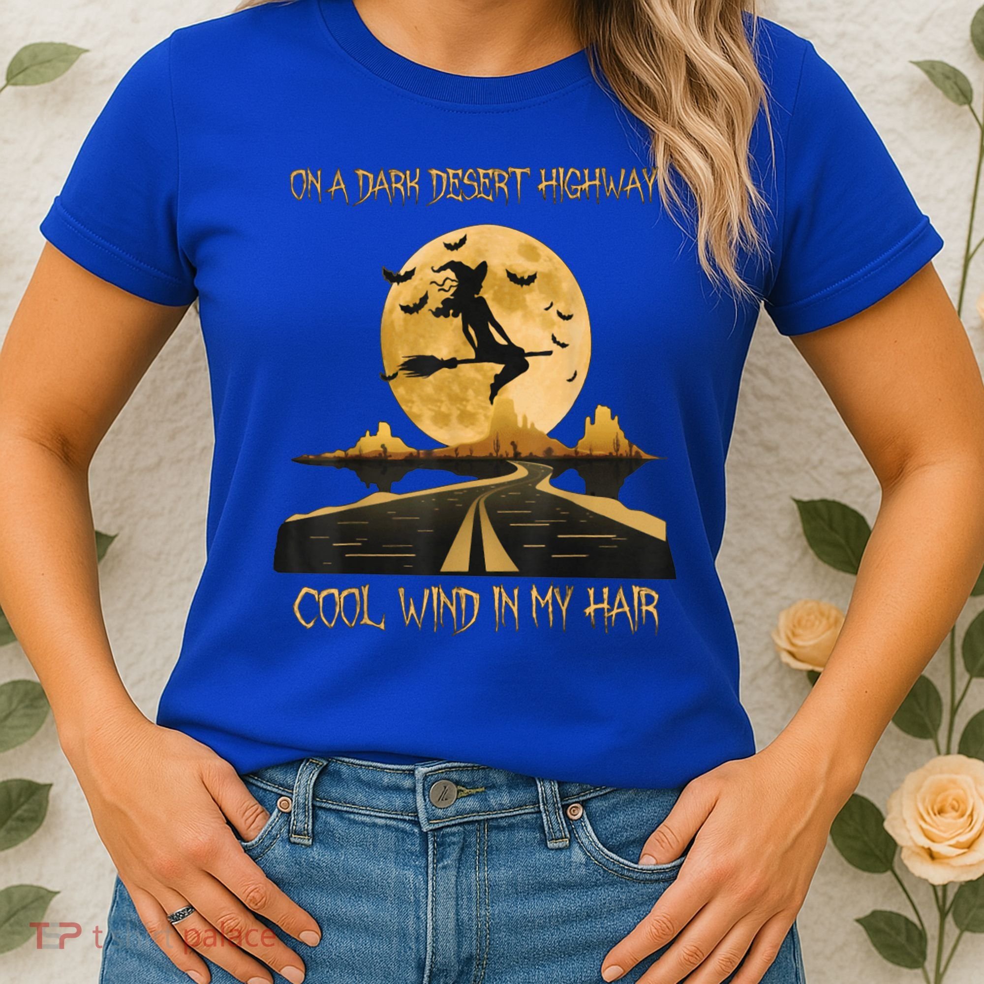 Halloween Witch Riding Brooms On A Dark Desert Highways Road Women's T-Shirt