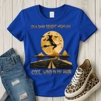 Halloween Witch Riding Brooms On A Dark Desert Highways Road Women's T-Shirt thumb 3