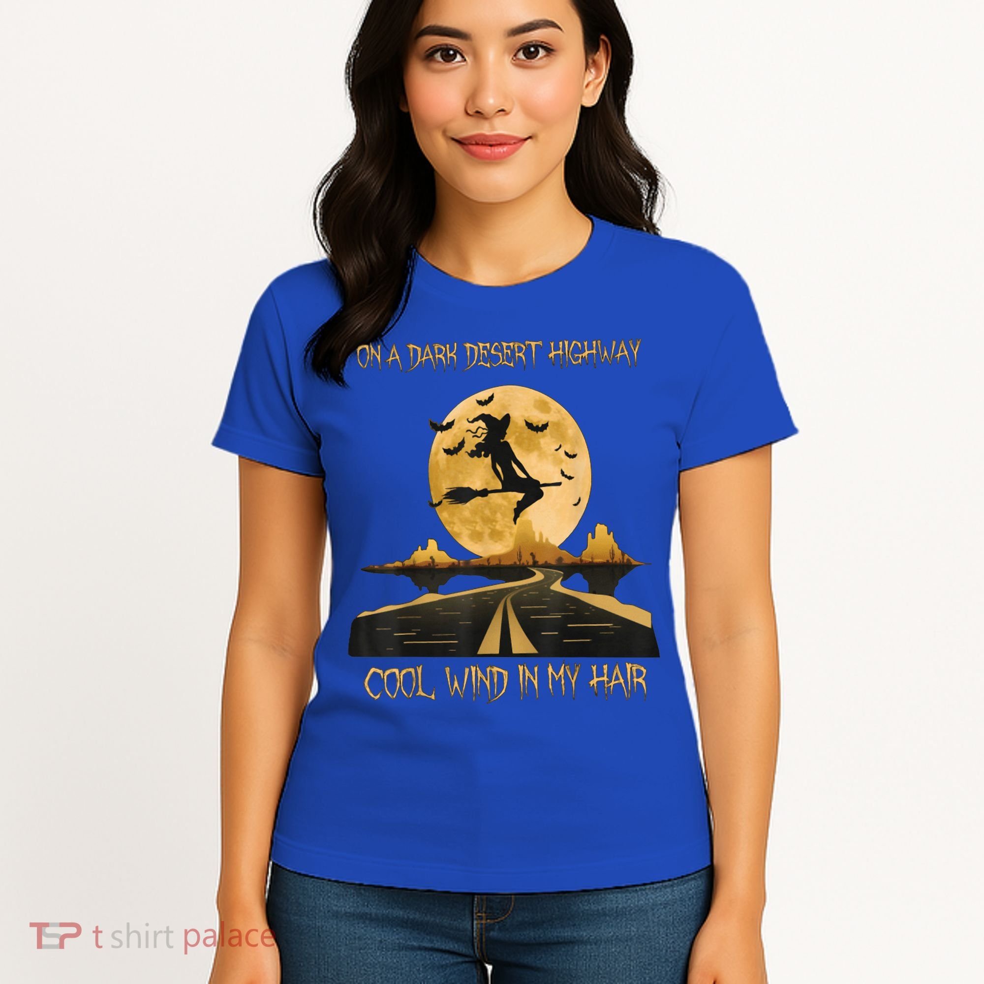 Halloween Witch Riding Brooms On A Dark Desert Highways Road Women's T-Shirt