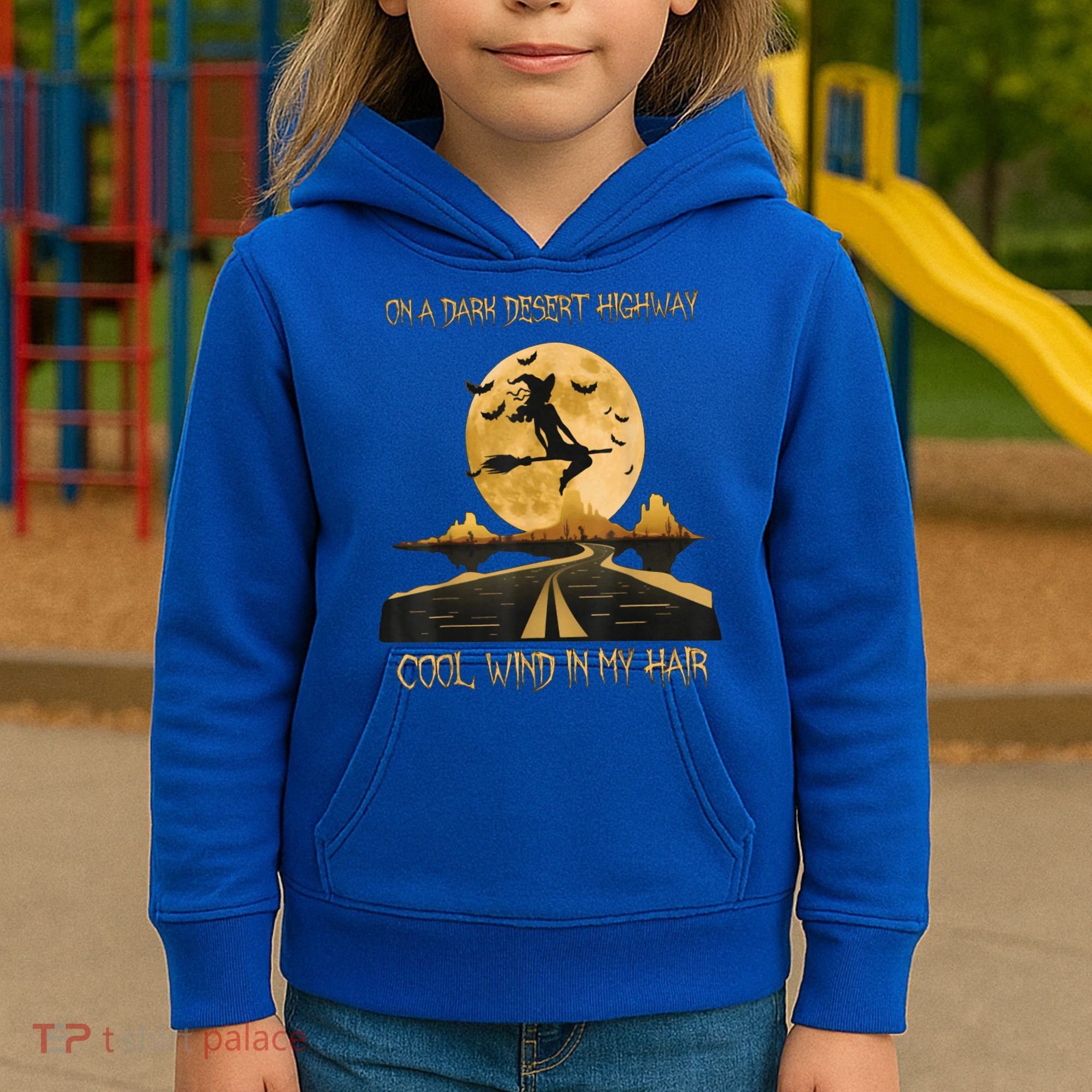 Halloween Witch Riding Brooms On A Dark Desert Highways Road Kids Hoodie