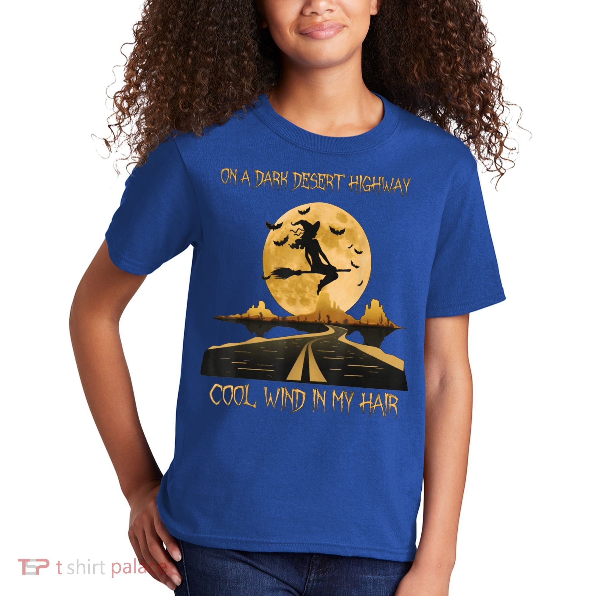 Halloween Witch Riding Brooms On A Dark Desert Highways Road Kids T-Shirt