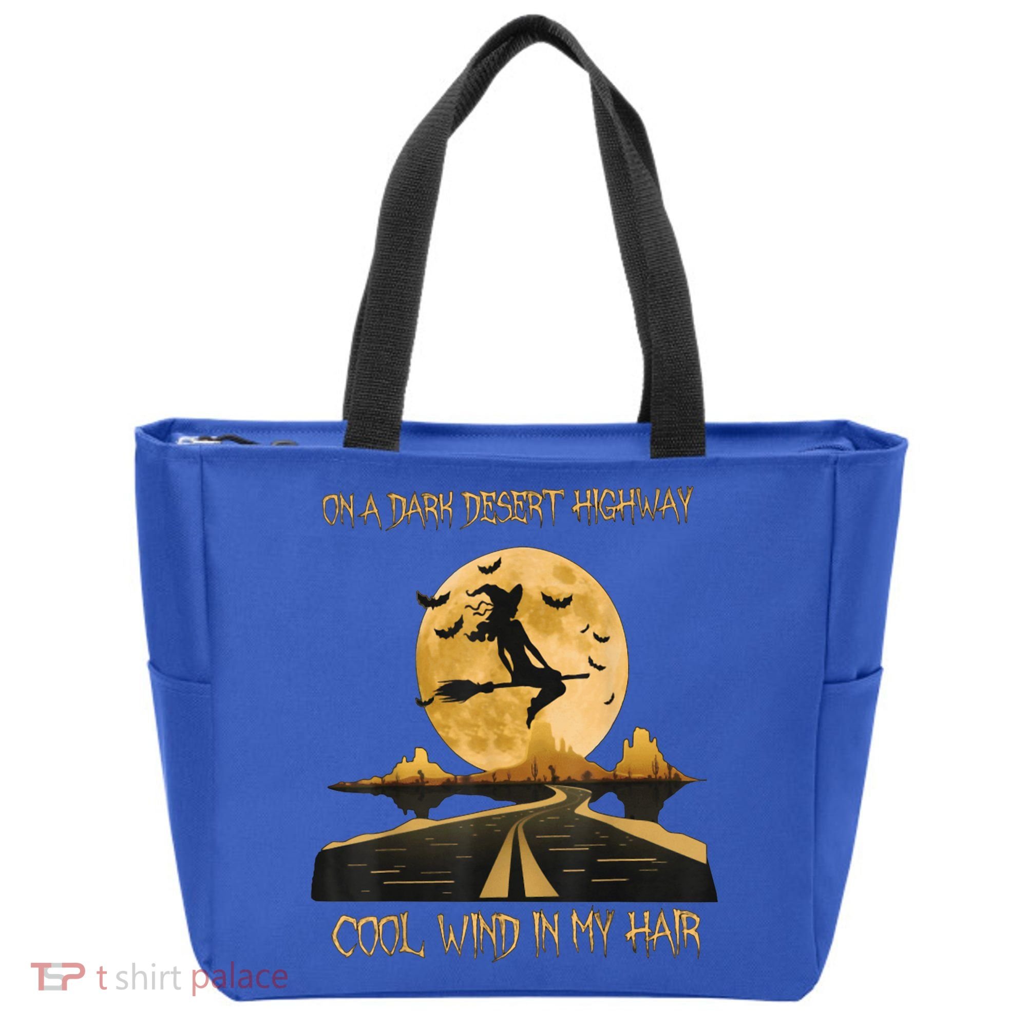 Halloween Witch Riding Brooms On A Dark Desert Highways Road Tote Bag