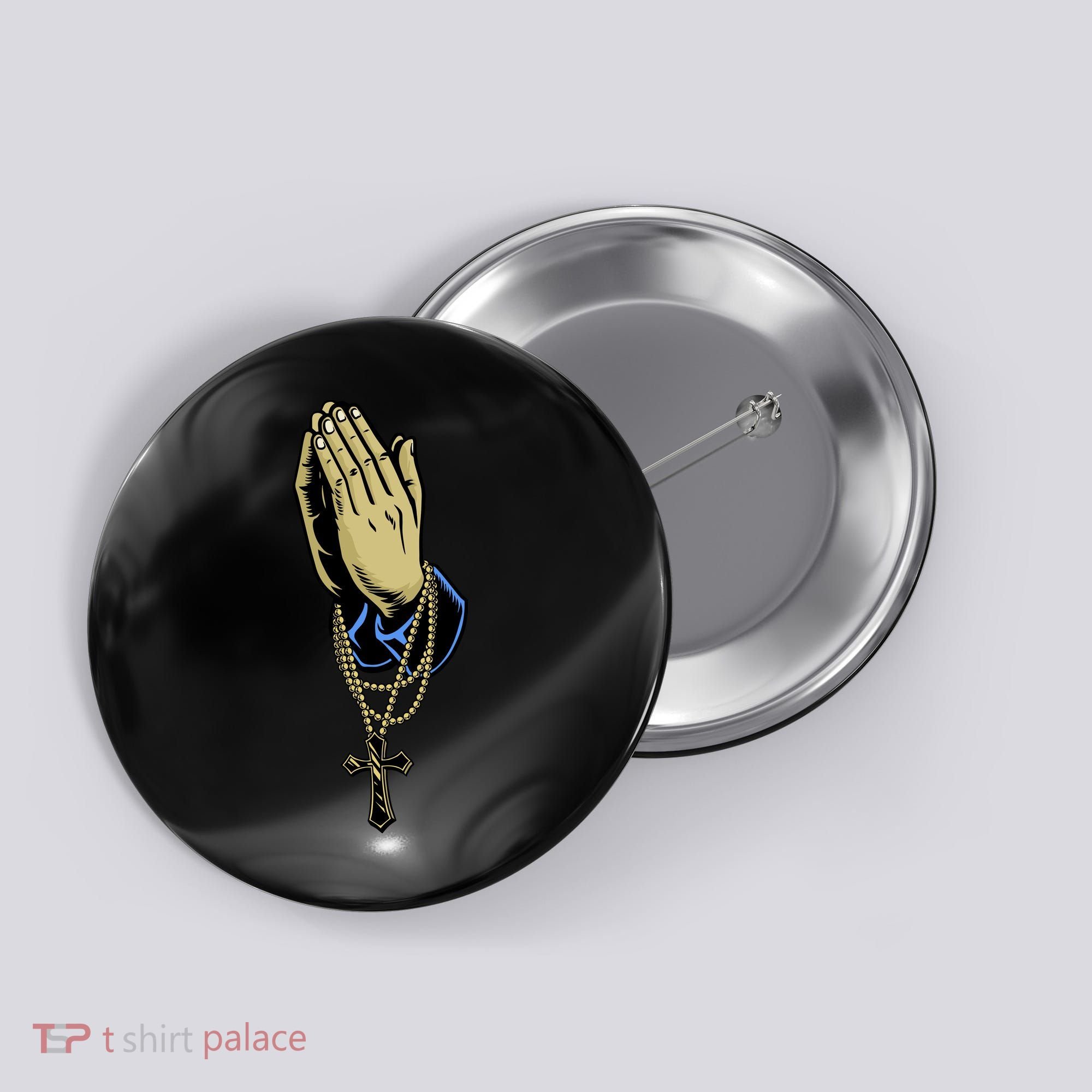 Hand With Rosary Praying Cross Button