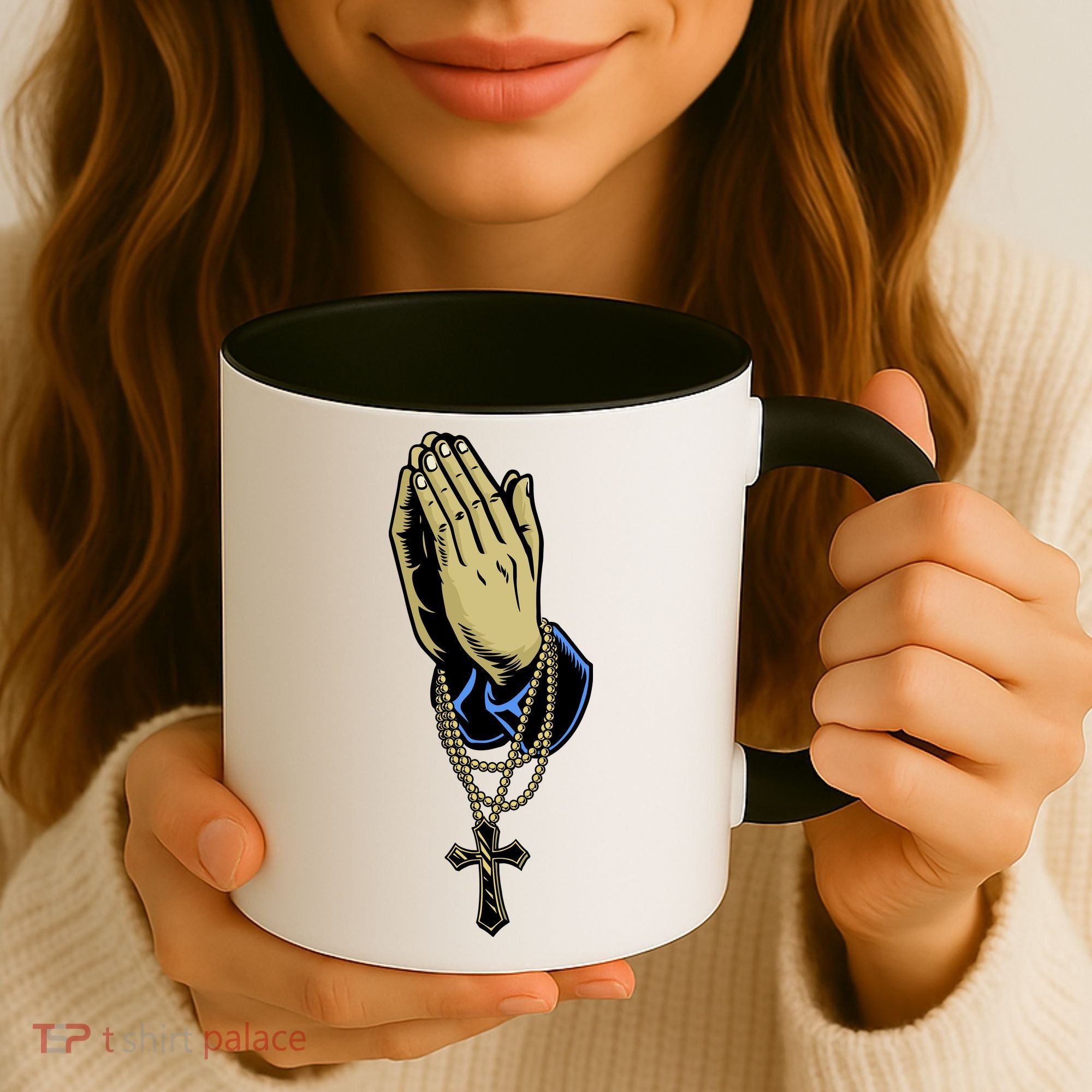 Hand With Rosary Praying Cross Coffee Mug