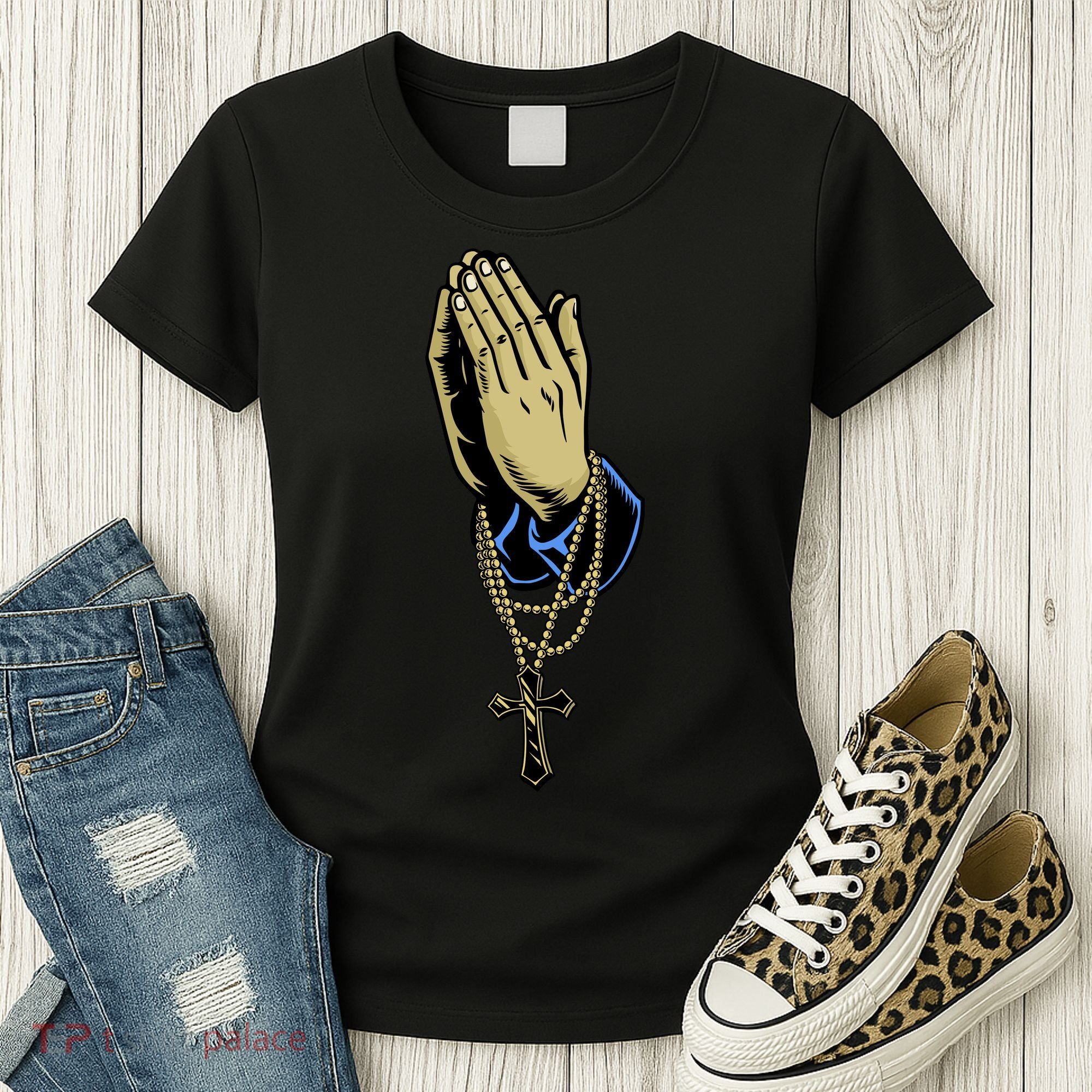 Hand With Rosary Praying Cross Women's T-Shirt