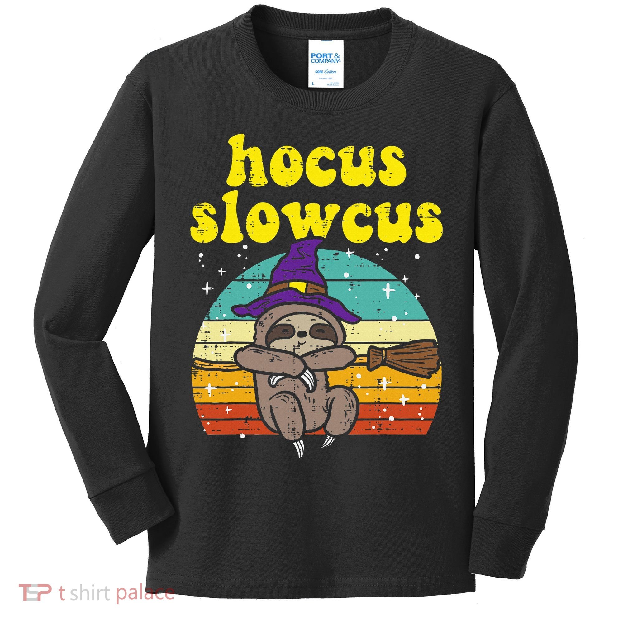Halloween Witch Sloth Retro Animal Print Adorable and Magical Kids Long Sleeve Shirt