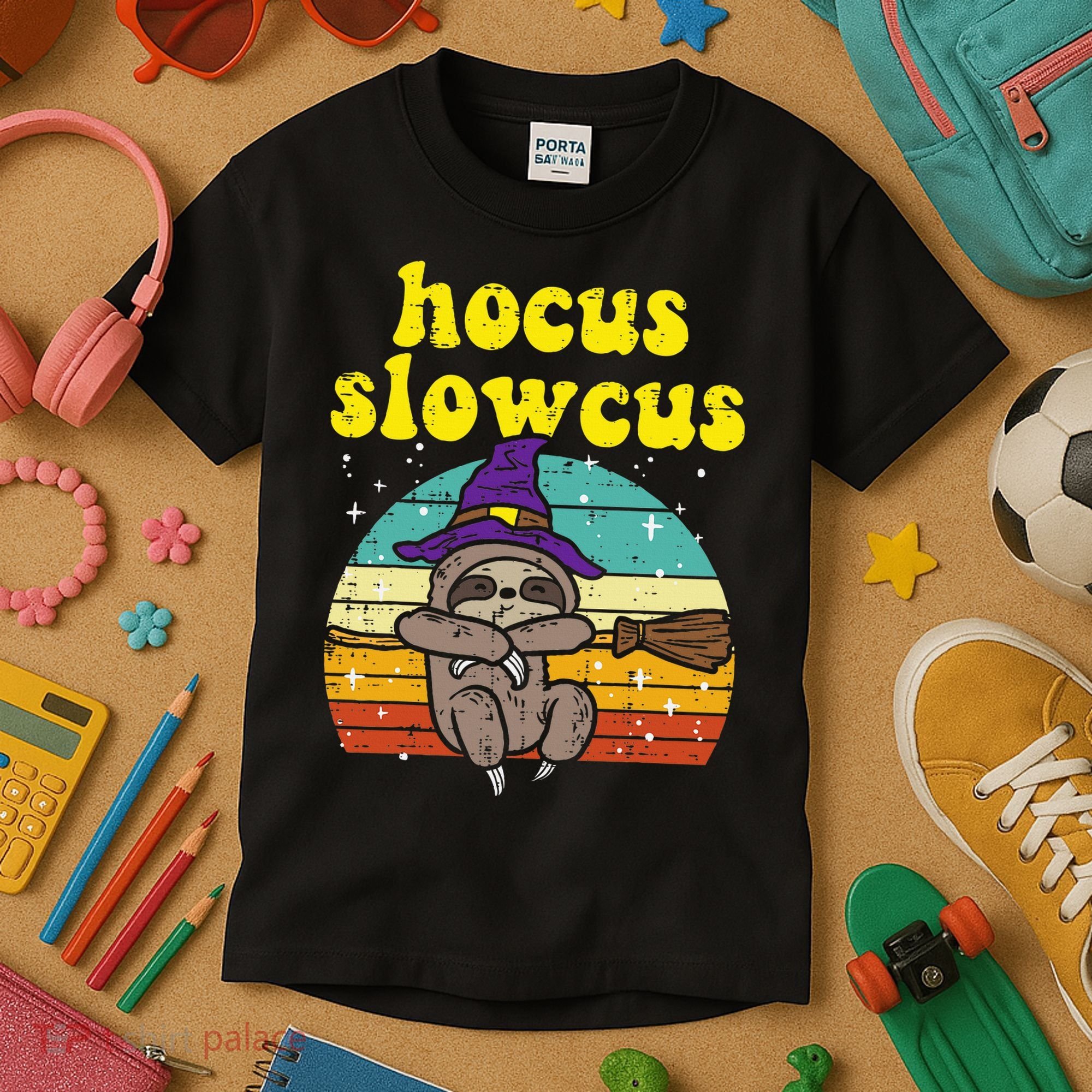 Halloween Witch Sloth Retro Animal Print Adorable and Magical Kids T-Shirt