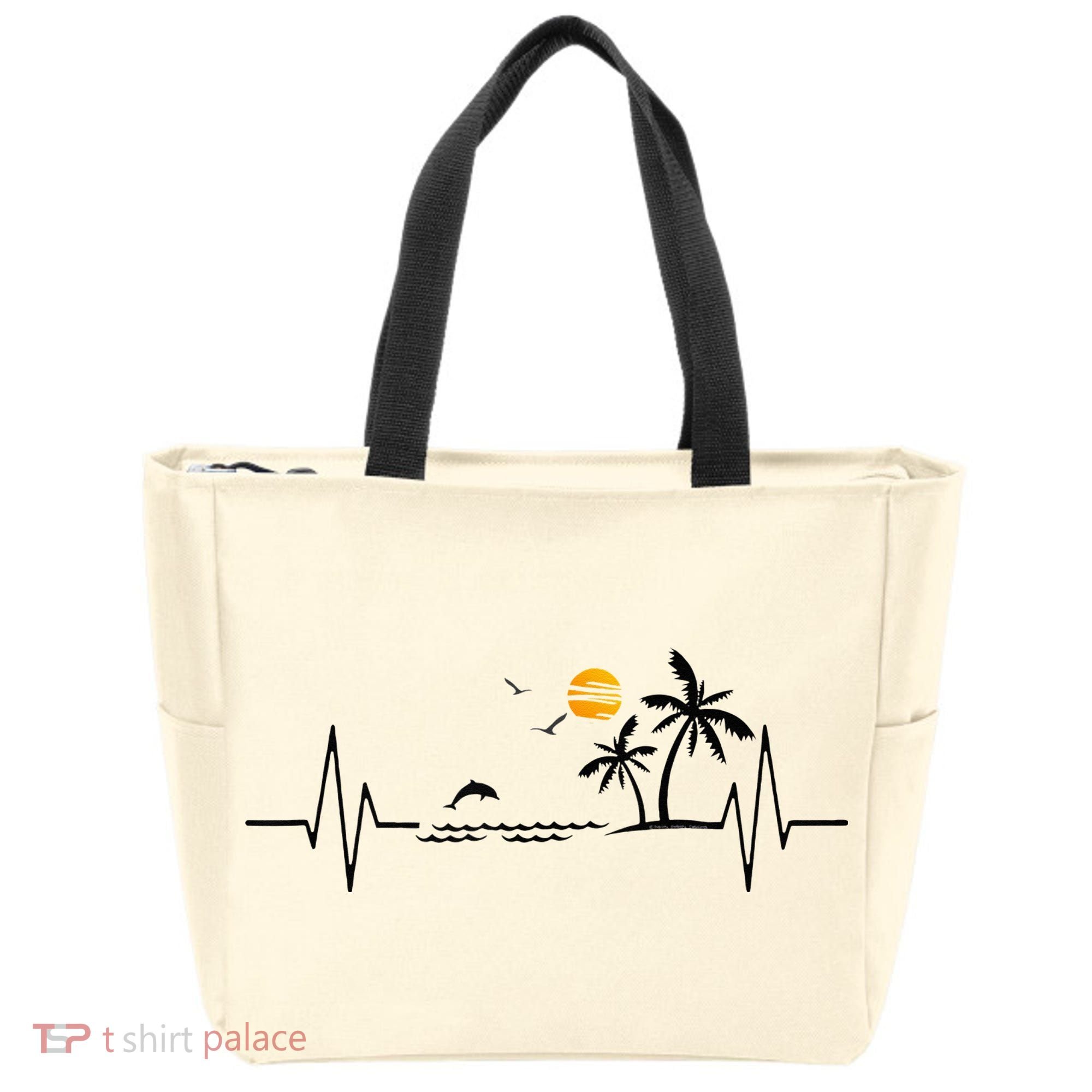 Heartbeat With Tropical Palm Trees Beach Island And Dolphin Tote Bag