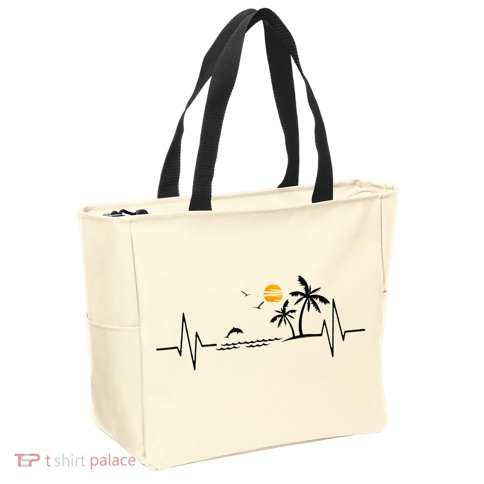 Heartbeat With Tropical Palm Trees Beach Island And Dolphin Tote Bag