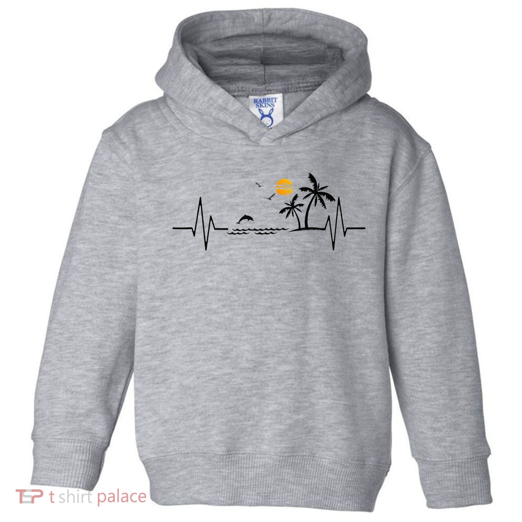 Heartbeat With Tropical Palm Trees Beach Island And Dolphin Toddler Hoodie