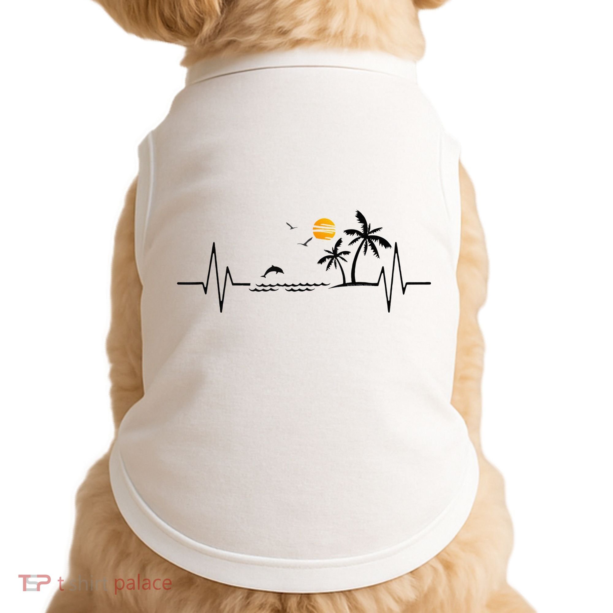 Heartbeat With Tropical Palm Trees Beach Island And Dolphin Doggie Tank