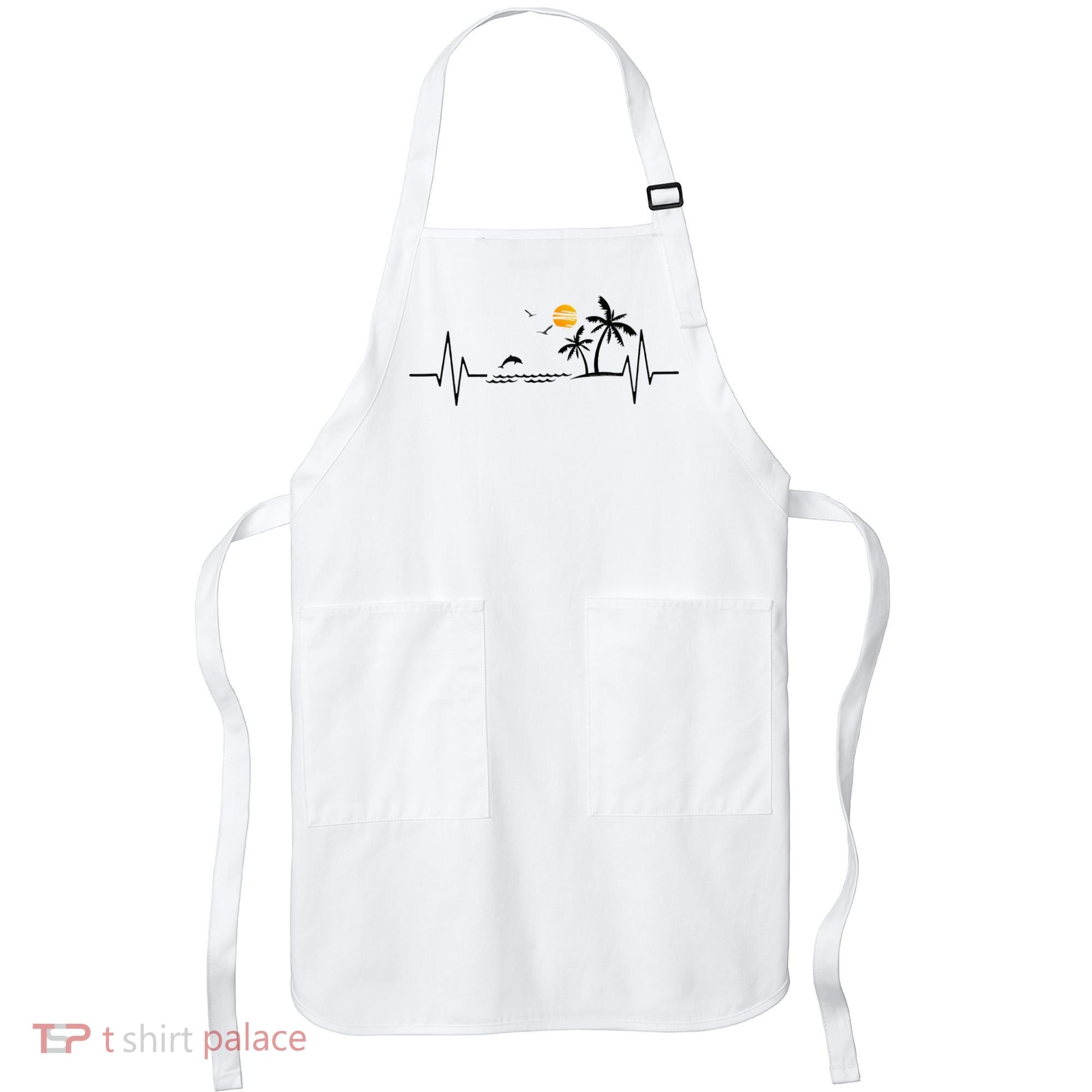 Heartbeat With Tropical Palm Trees Beach Island And Dolphin Apron