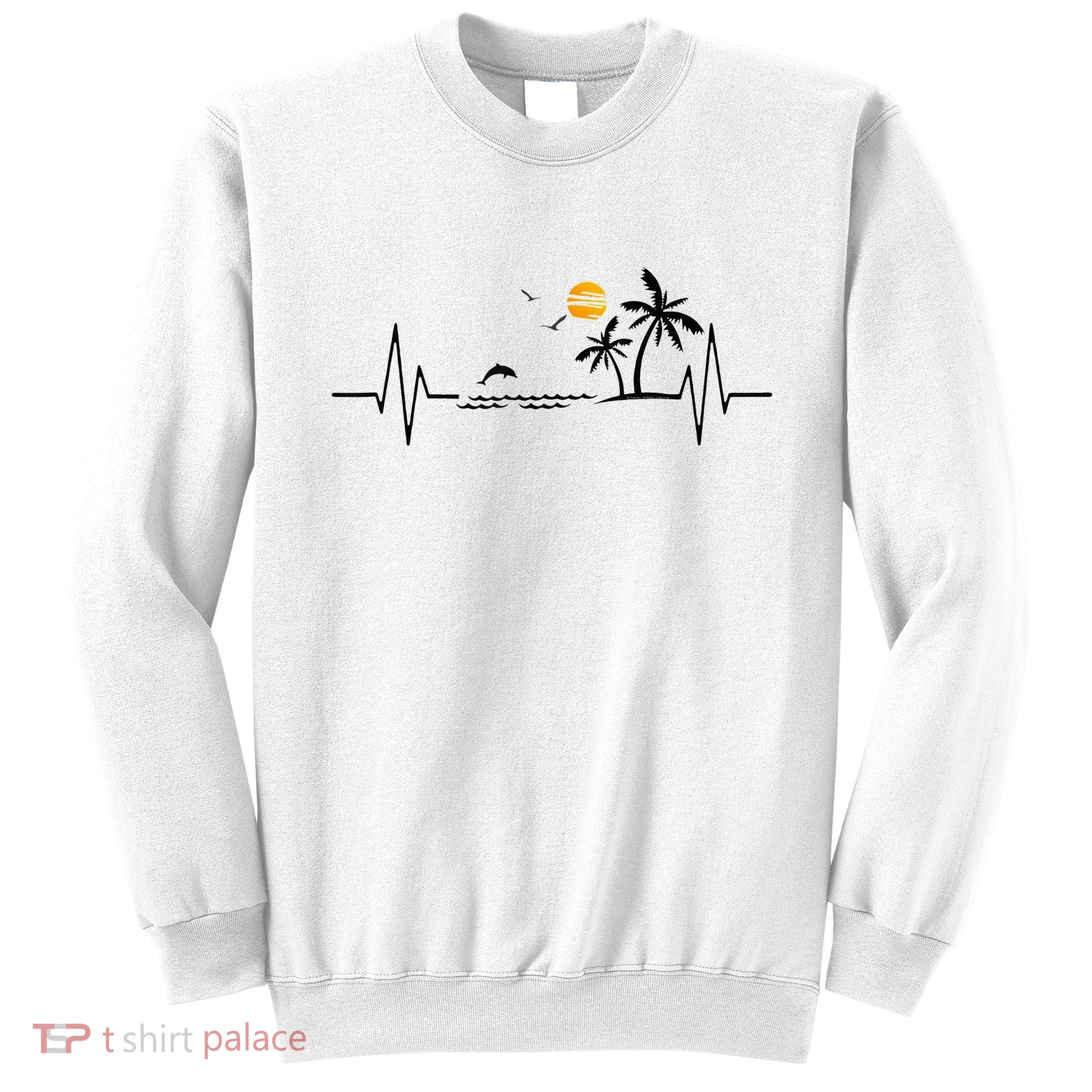Heartbeat With Tropical Palm Trees Beach Island And Dolphin Sweatshirt