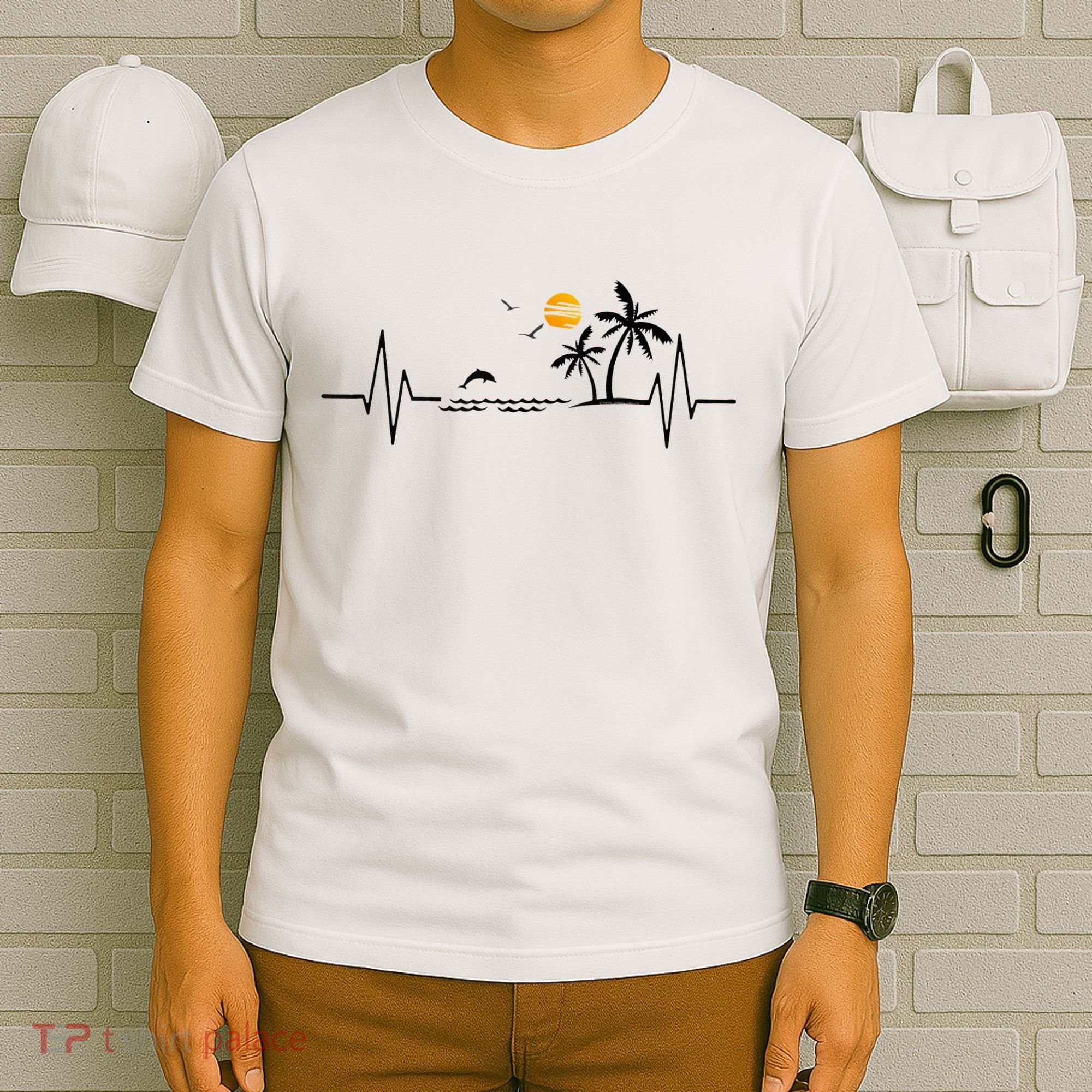 Heartbeat With Tropical Palm Trees Beach Island And Dolphin T-Shirt