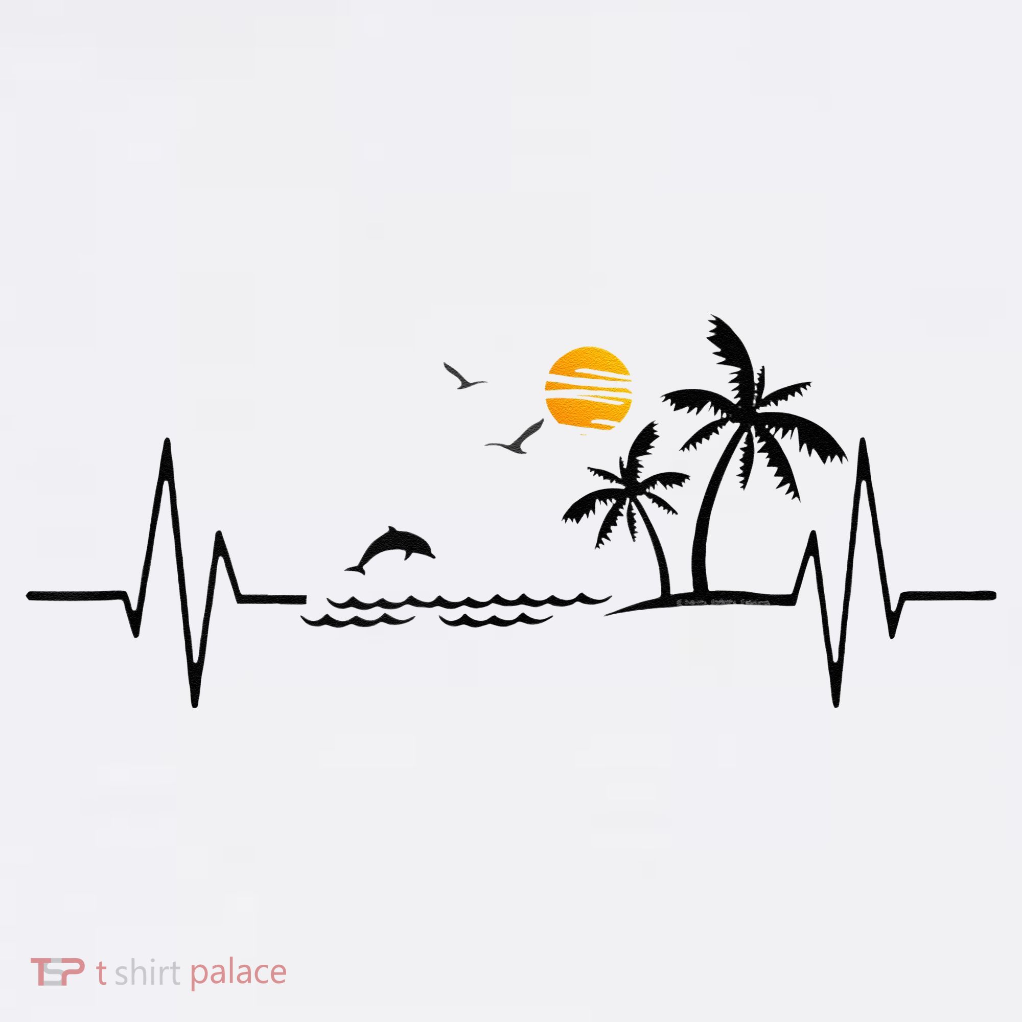 Heartbeat With Tropical Palm Trees Beach Island And Dolphin T-Shirt