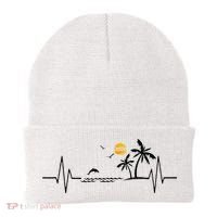 Heartbeat With Tropical Palm Trees Beach Island And Dolphin Beanie thumb 0