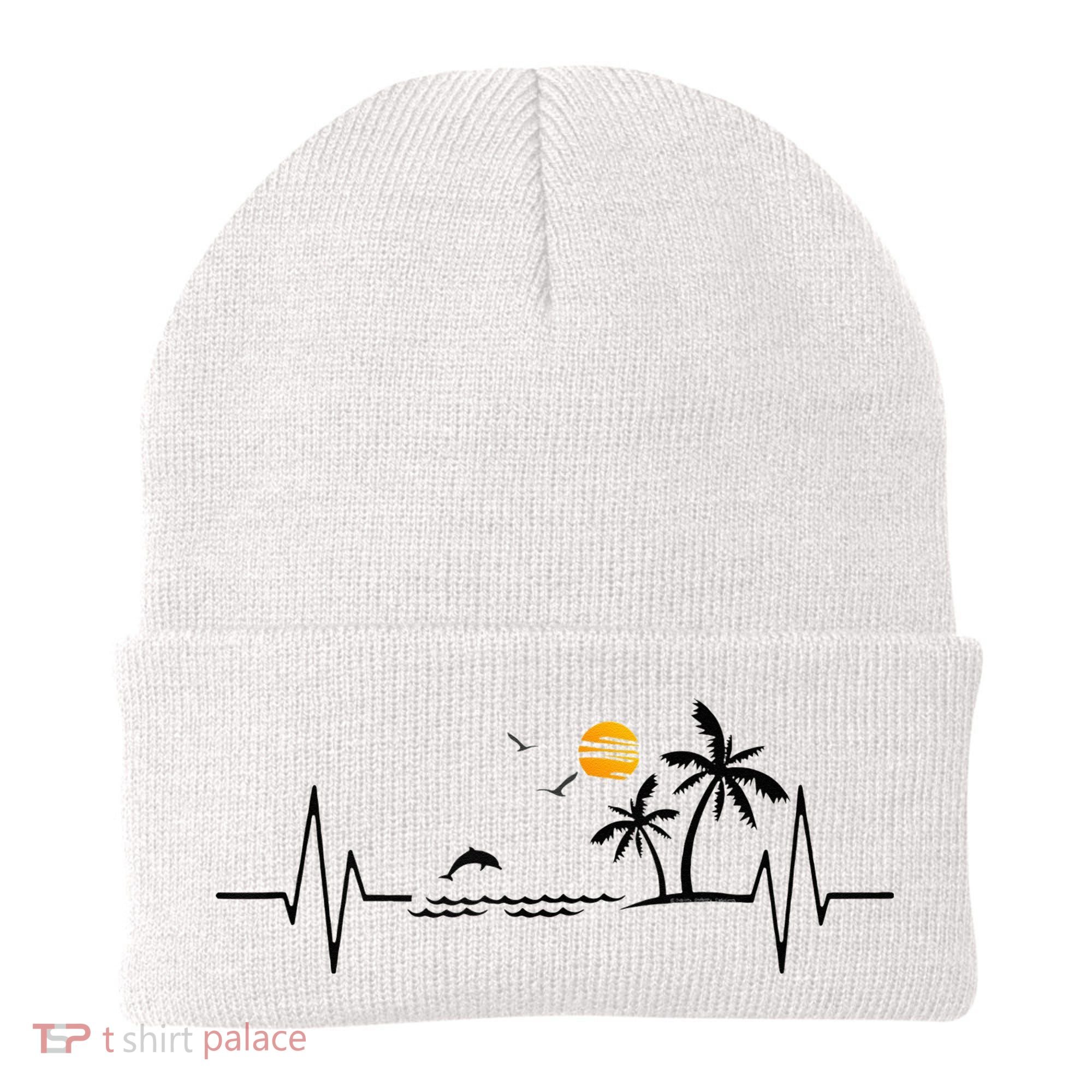 Heartbeat With Tropical Palm Trees Beach Island And Dolphin Beanie