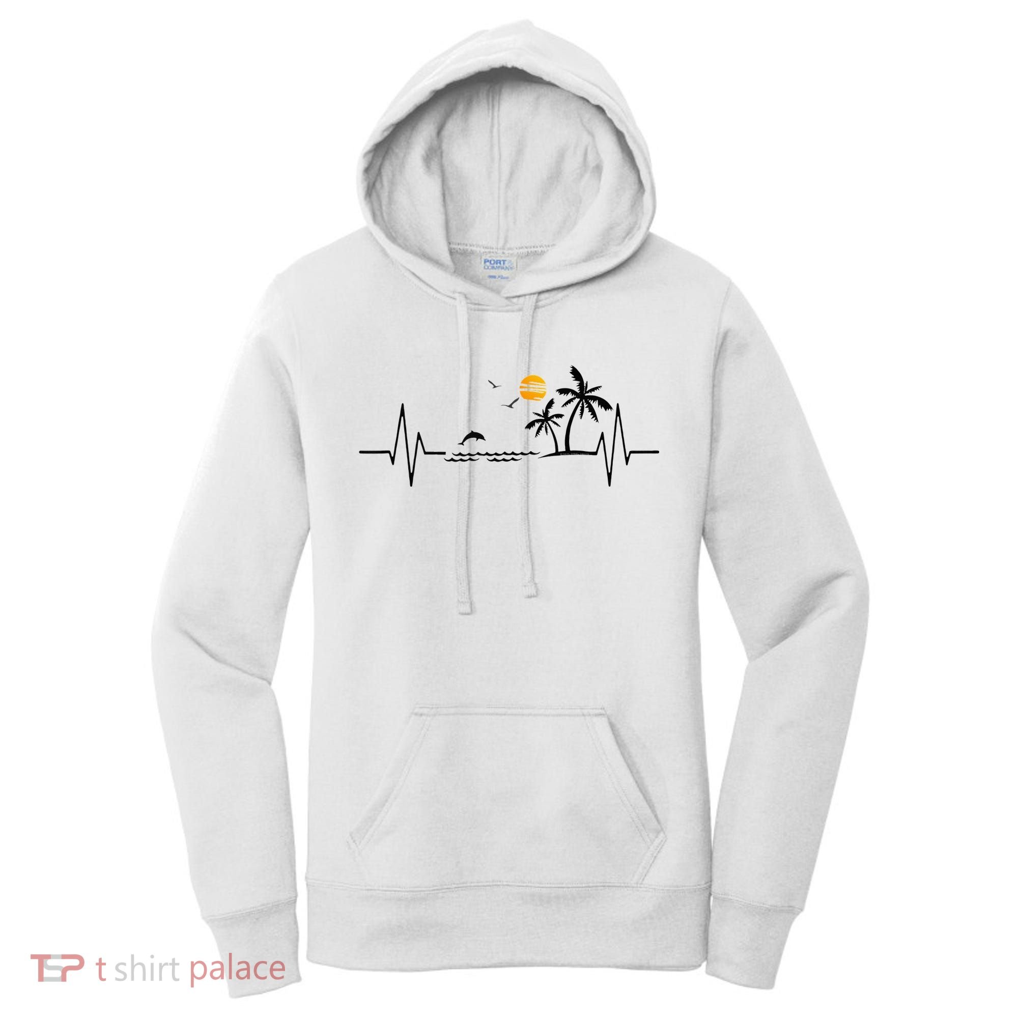 Heartbeat With Tropical Palm Trees Beach Island And Dolphin Women's Hoodie