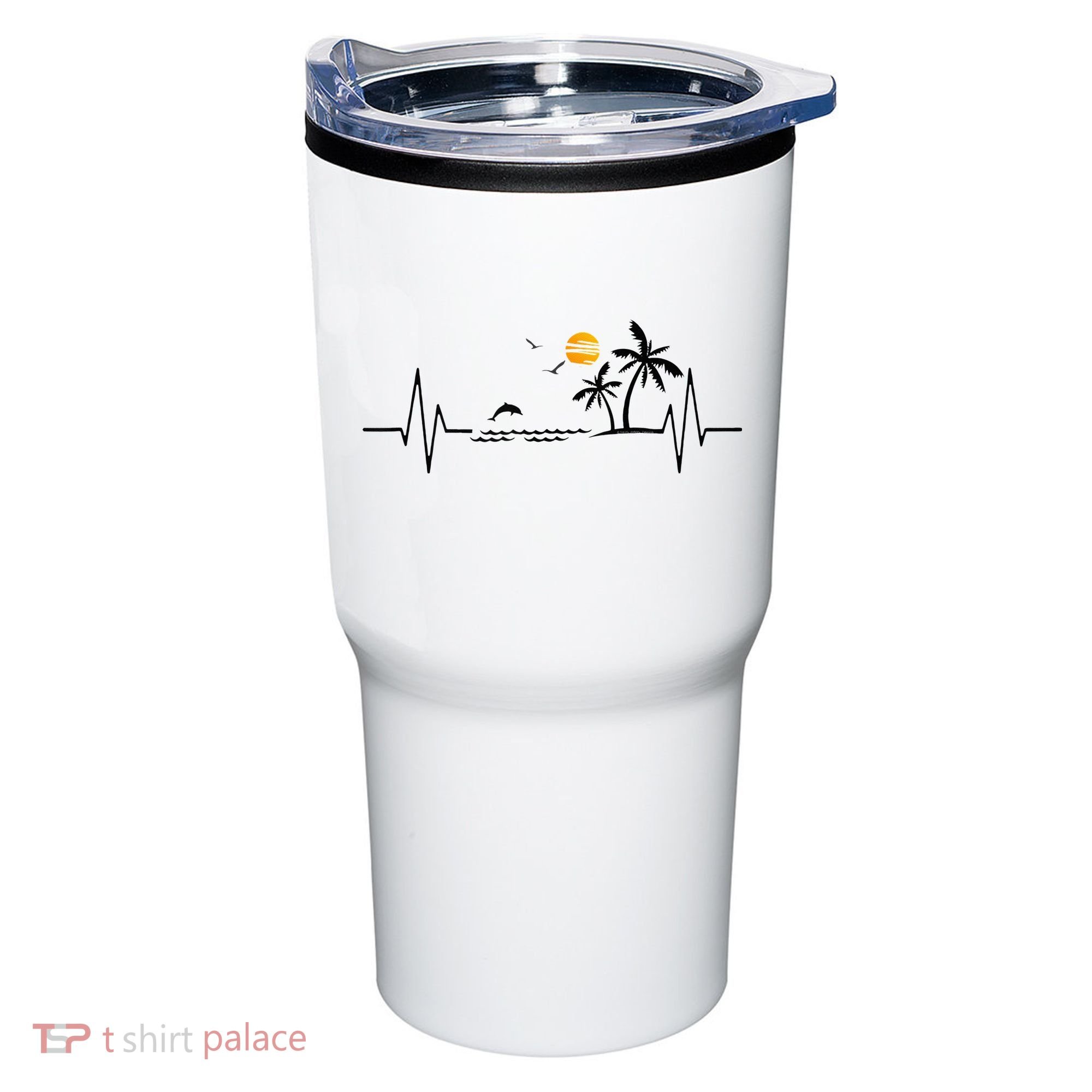 Heartbeat With Tropical Palm Trees Beach Island And Dolphin Tumbler