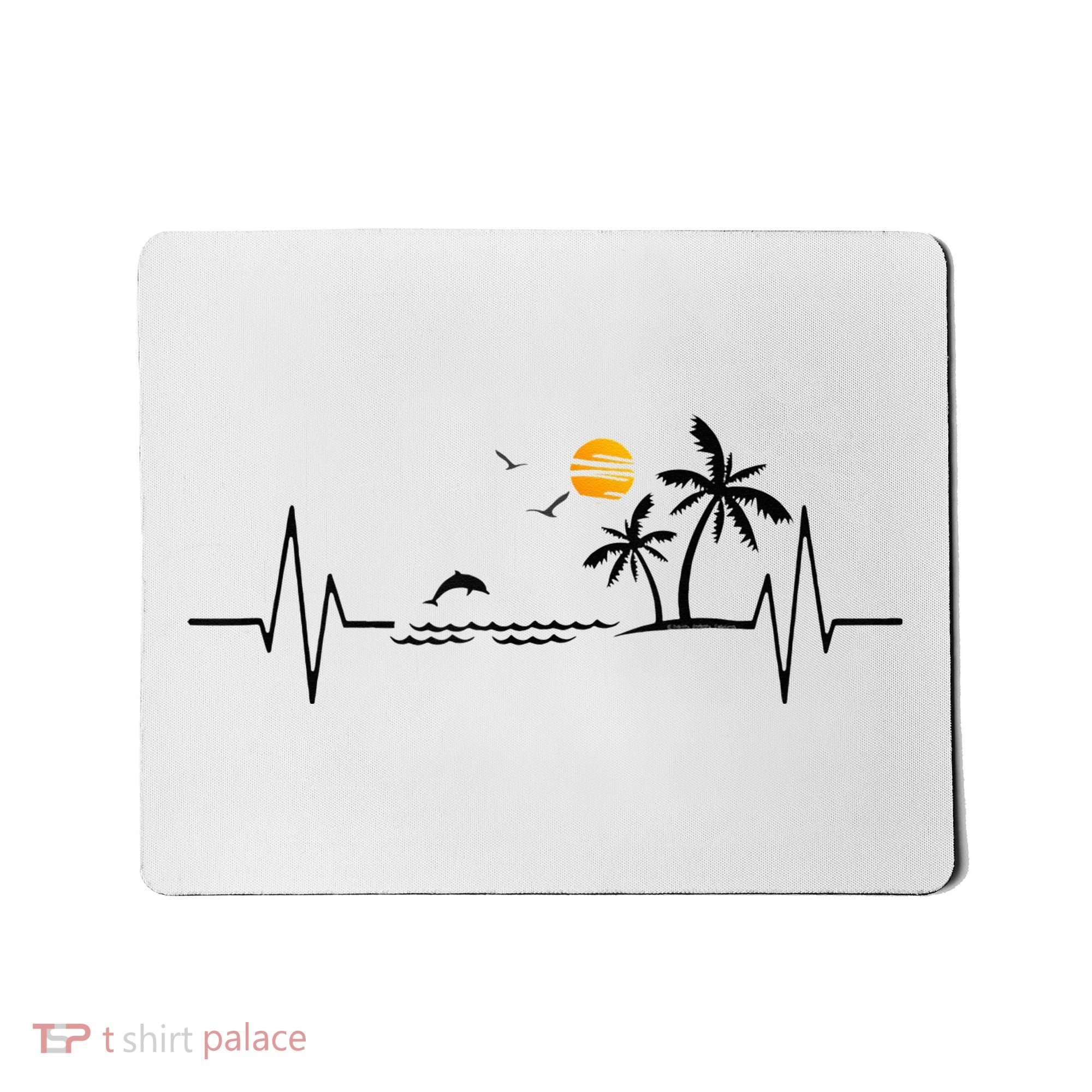 Heartbeat With Tropical Palm Trees Beach Island And Dolphin Mousepad