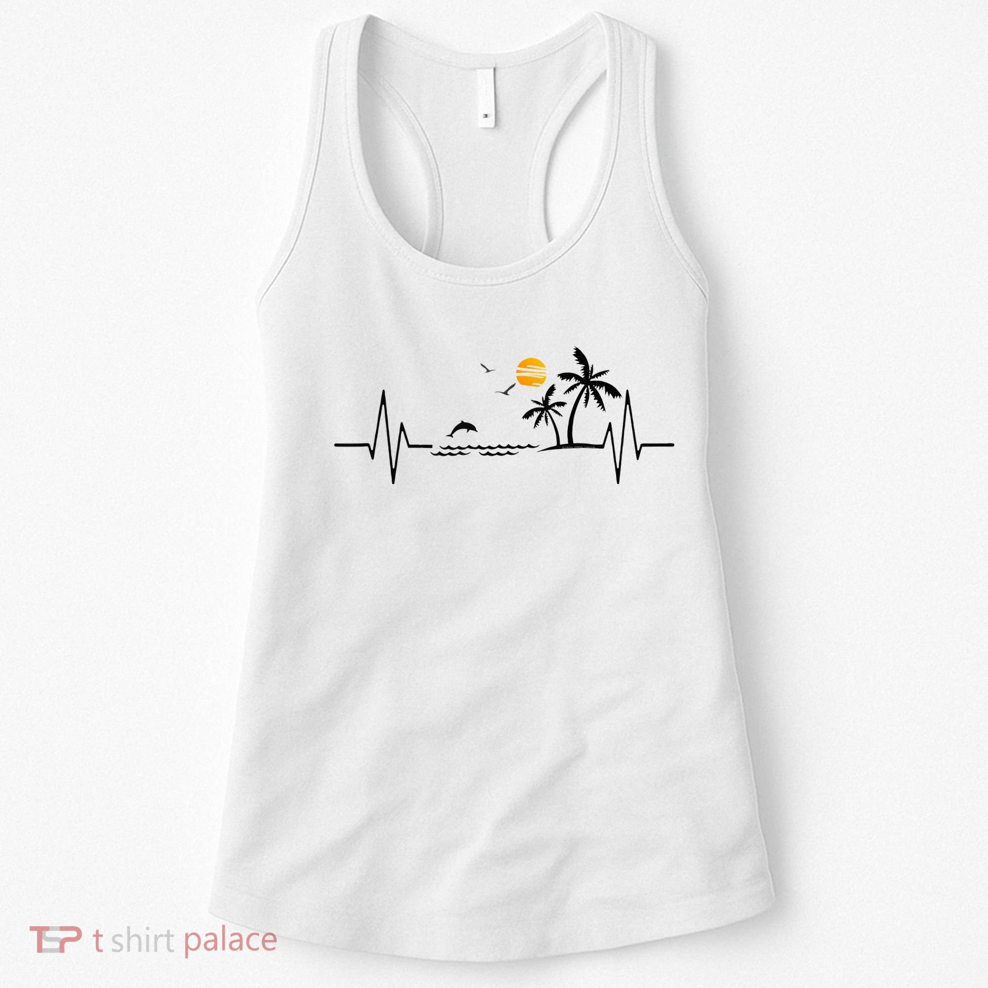 Heartbeat With Tropical Palm Trees Beach Island And Dolphin Women's Tank Top