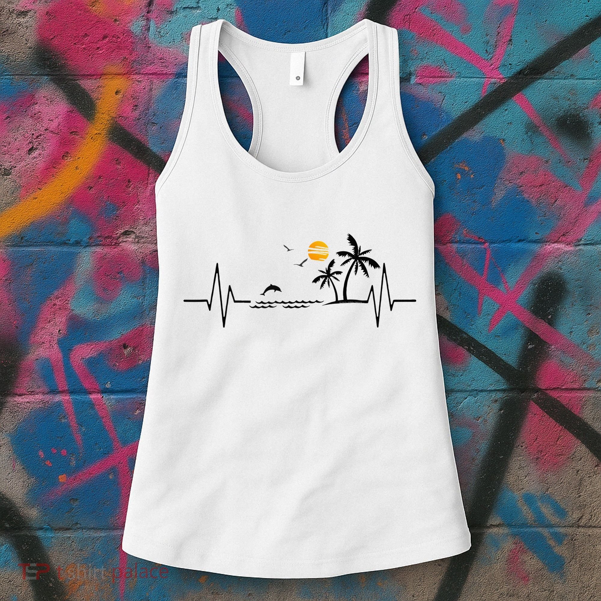 Heartbeat With Tropical Palm Trees Beach Island And Dolphin Women's Tank Top