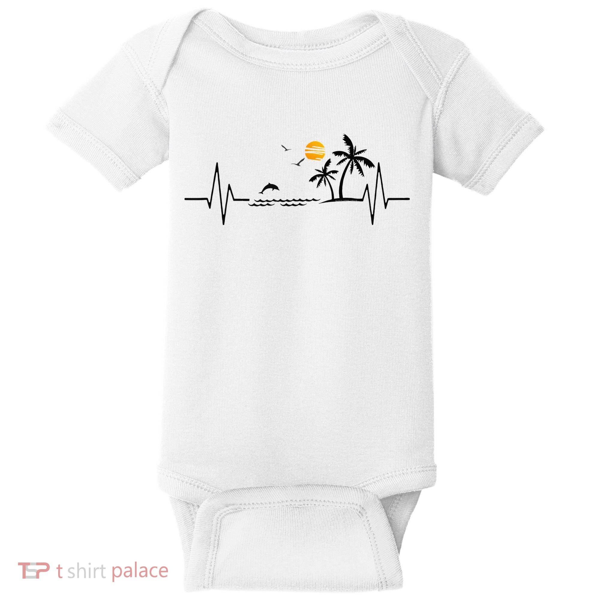 Heartbeat With Tropical Palm Trees Beach Island And Dolphin Baby Bodysuit