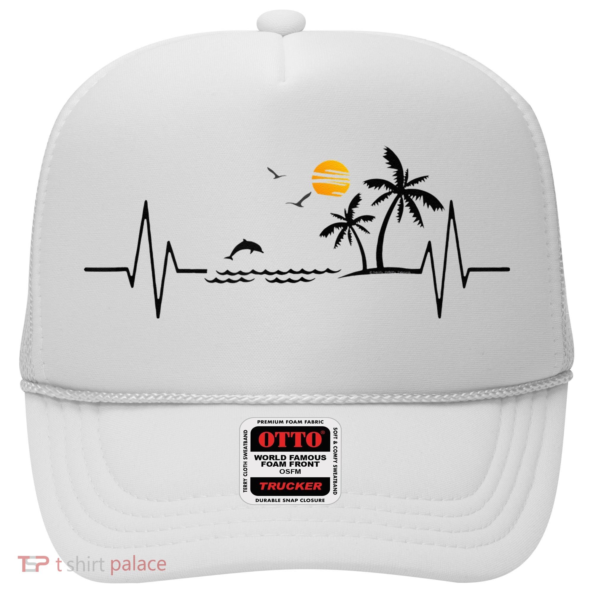 Heartbeat With Tropical Palm Trees Beach Island And Dolphin Hat