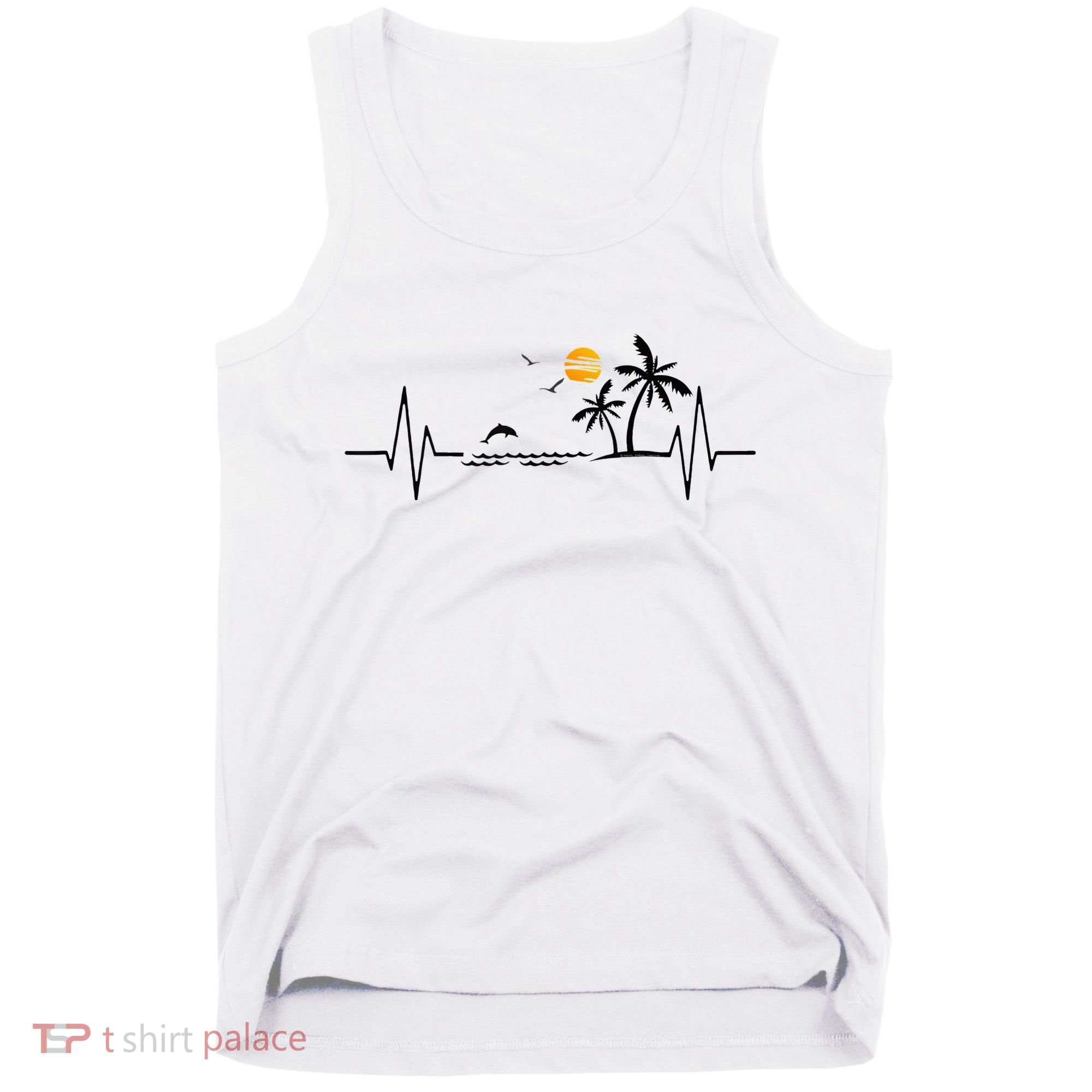 Heartbeat With Tropical Palm Trees Beach Island And Dolphin Tank Top