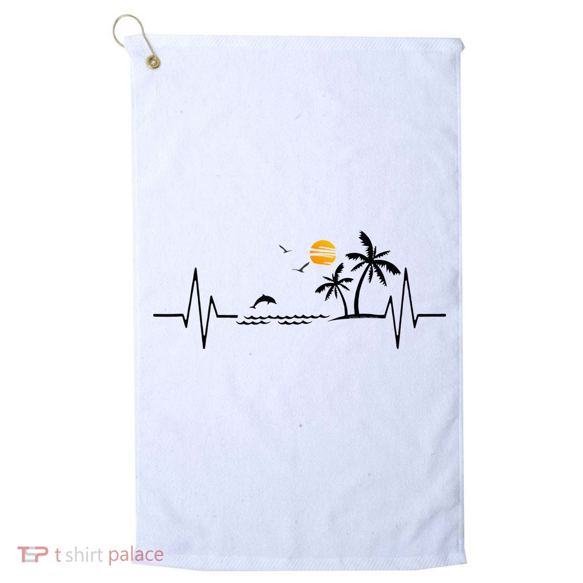 Heartbeat With Tropical Palm Trees Beach Island And Dolphin Golf Towel