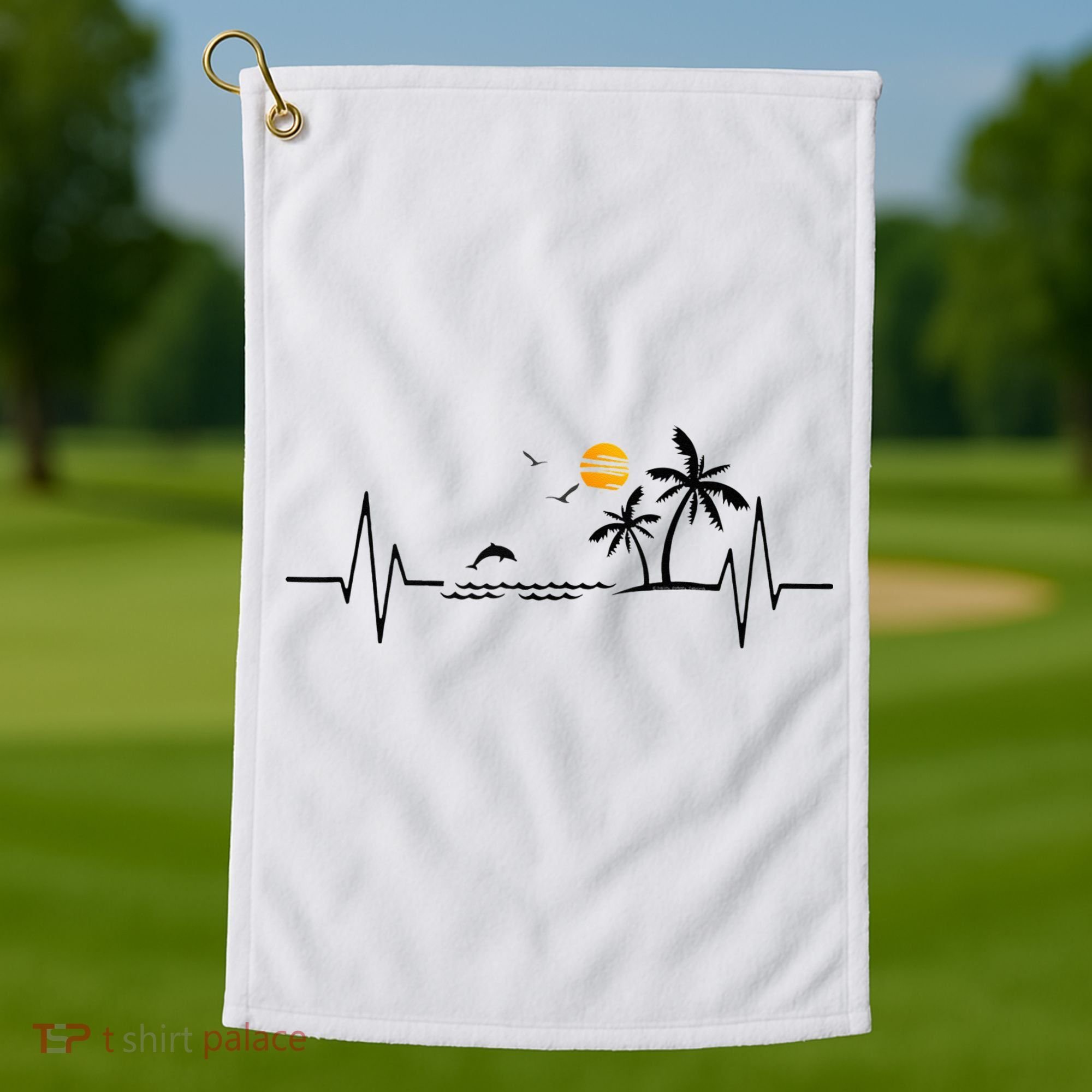 Heartbeat With Tropical Palm Trees Beach Island And Dolphin Golf Towel