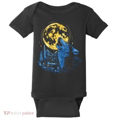 Howling Wolf Yellow Moon Baby Bodysuit