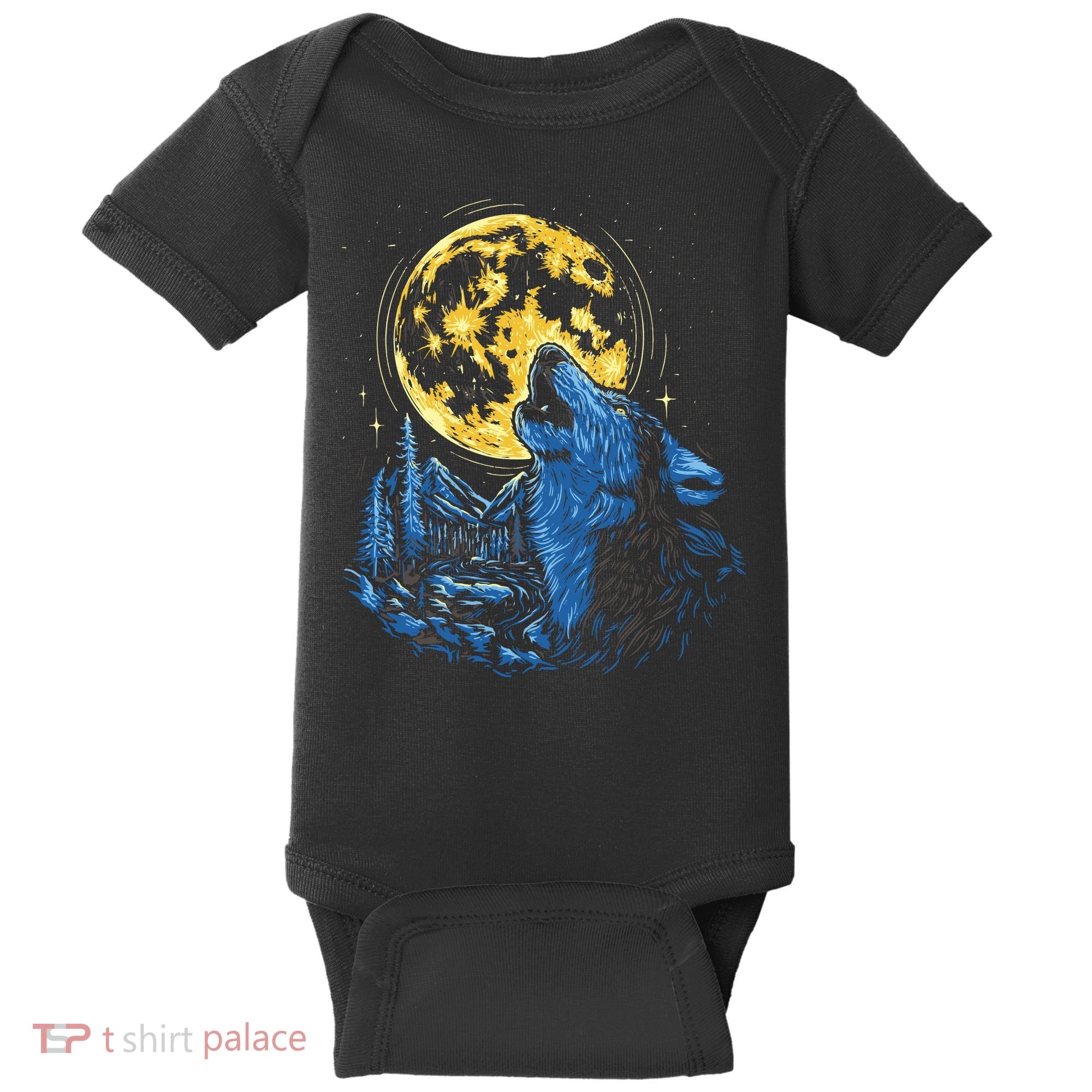 Howling Wolf Yellow Moon Baby Bodysuit