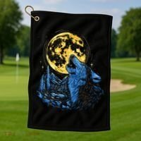 Howling Wolf Yellow Moon Golf Towel thumb 1