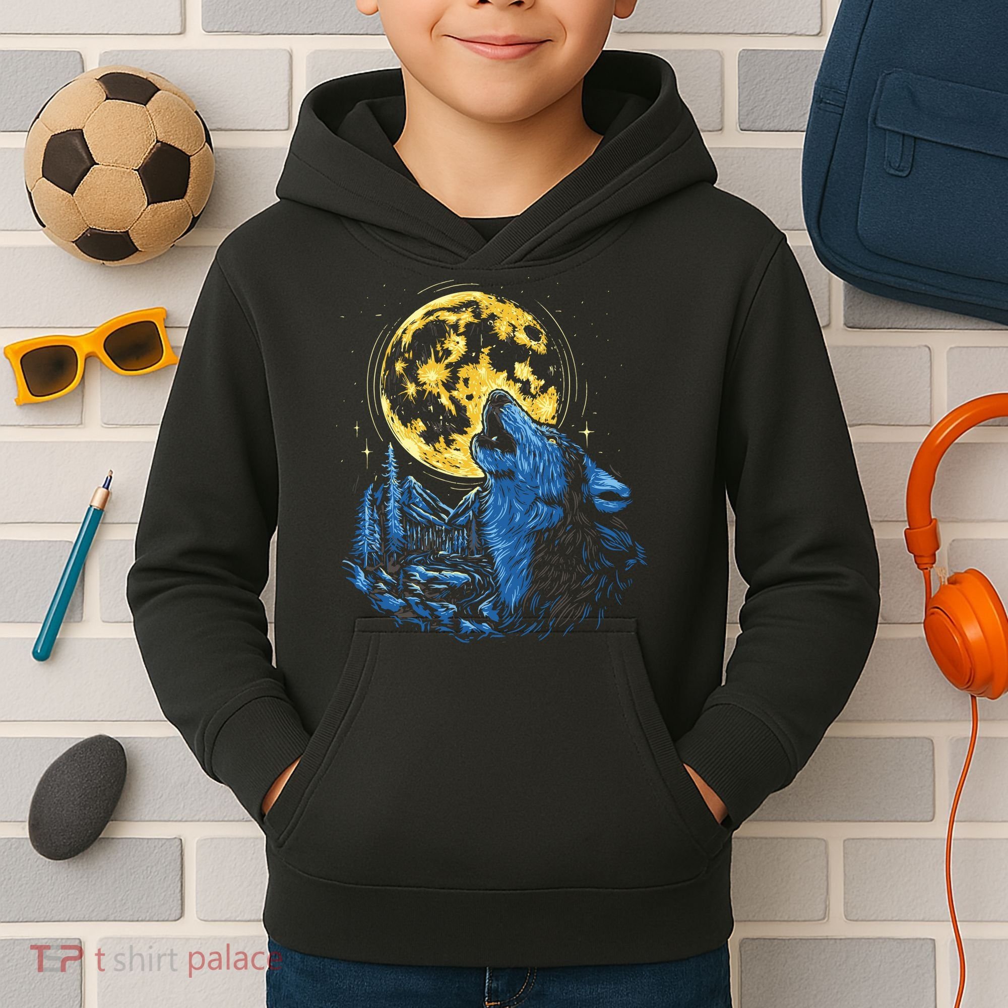 Howling Wolf Yellow Moon Kids Hoodie
