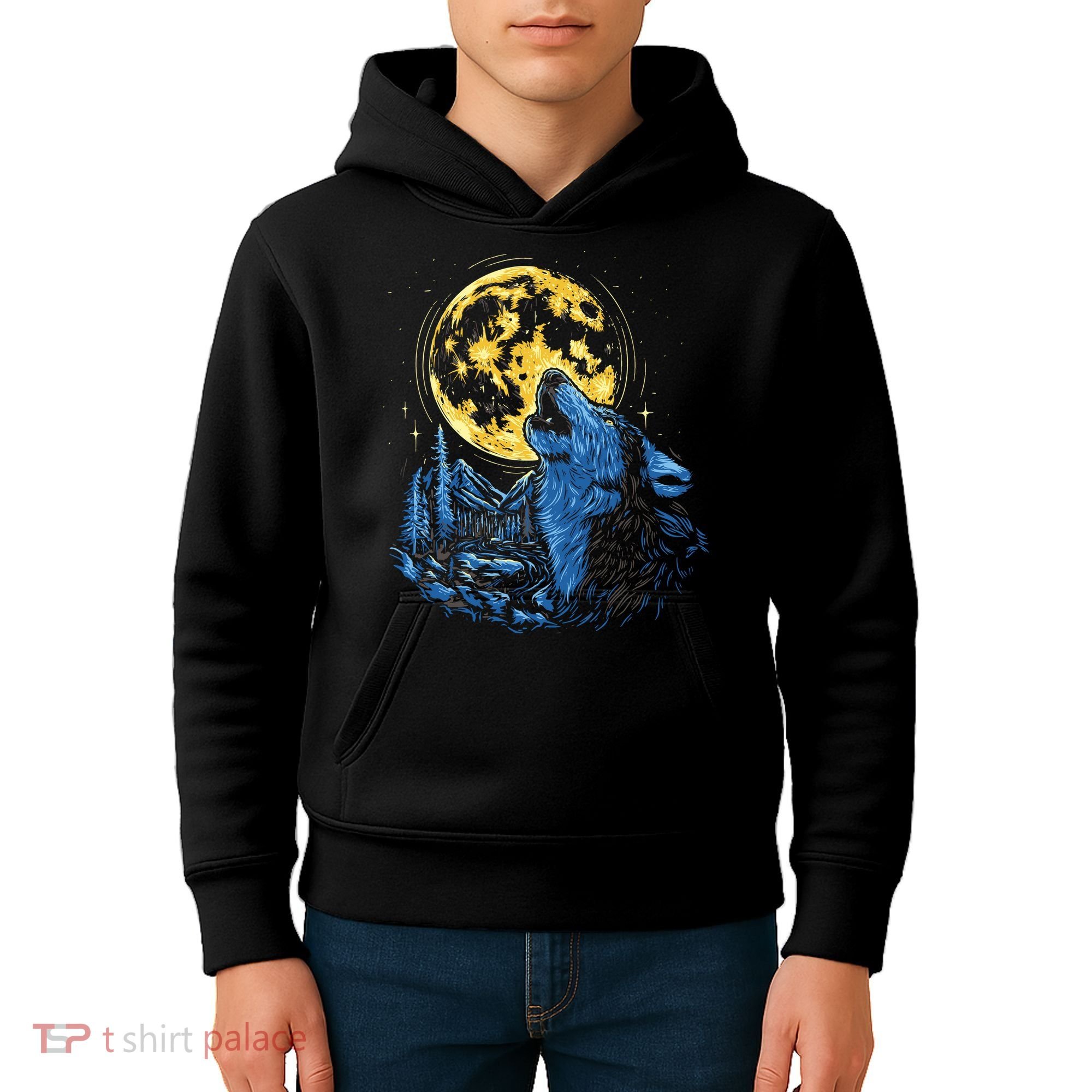 Howling Wolf Yellow Moon Kids Hoodie