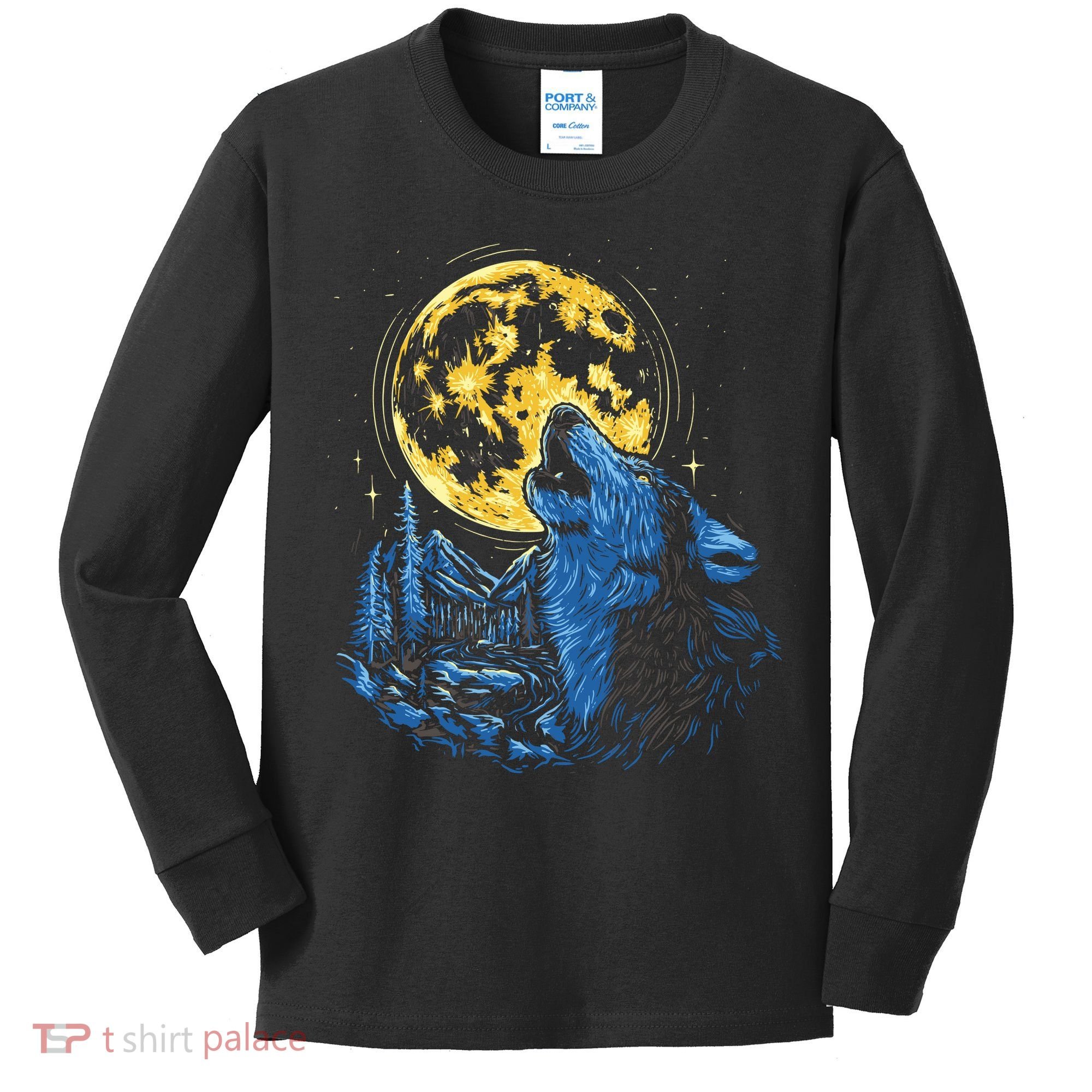 Howling Wolf Yellow Moon Kids Long Sleeve Shirt