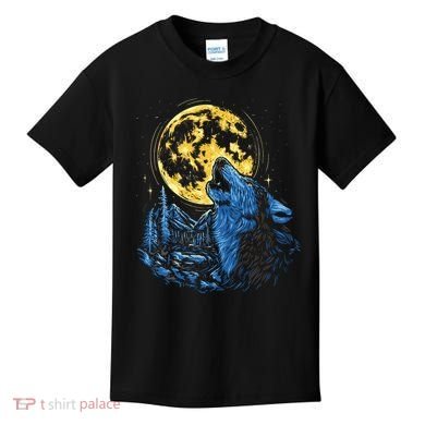 Howling Wolf Yellow Moon Kids T-Shirt
