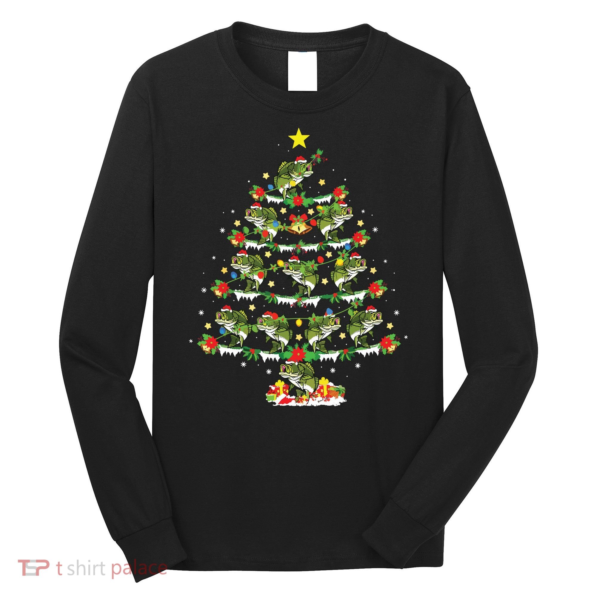 Holiday Xmas Lighting Santa Bass Fish Christmas Tree Long Sleeve Shirt
