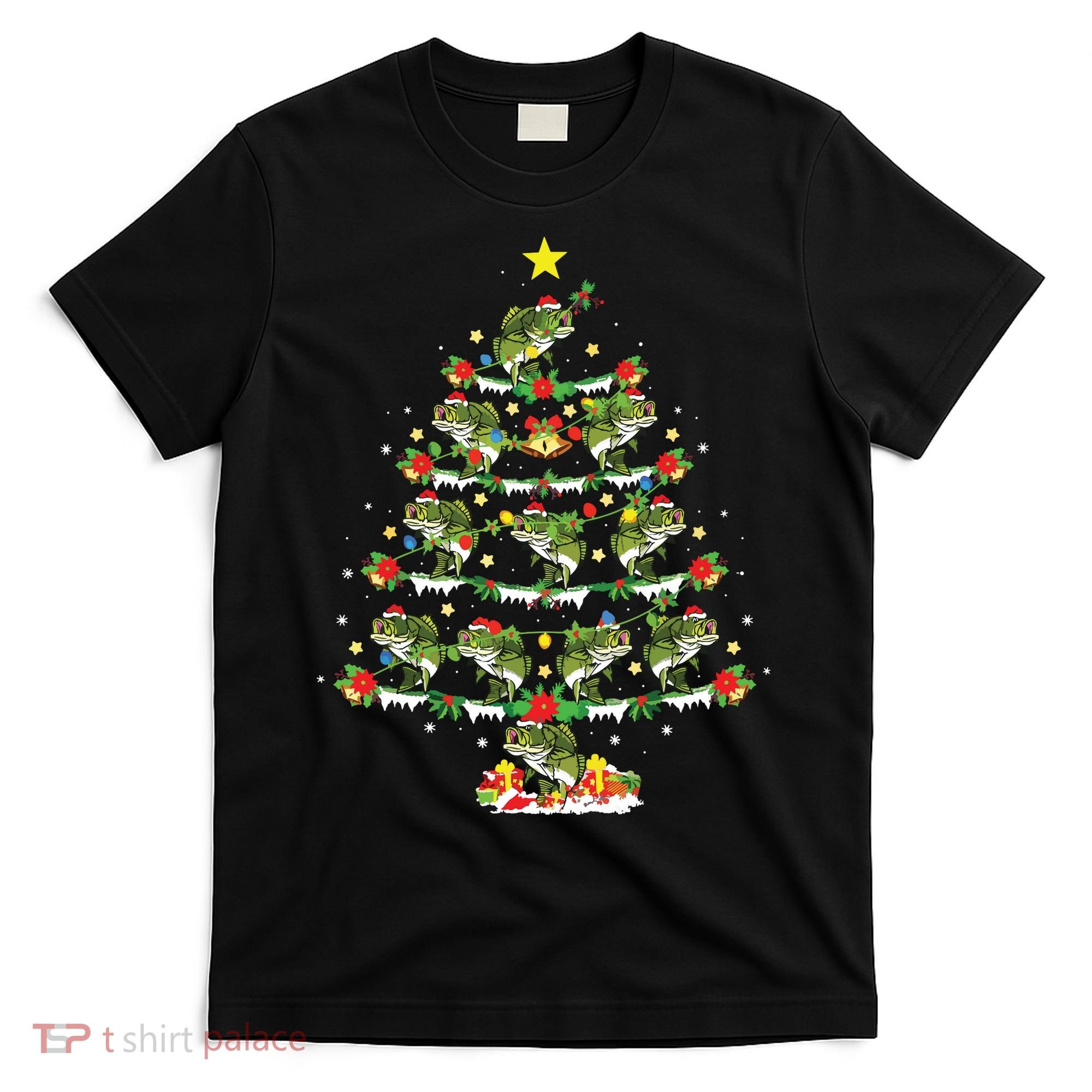 Holiday Xmas Lighting Santa Bass Fish Christmas Tree T-Shirt