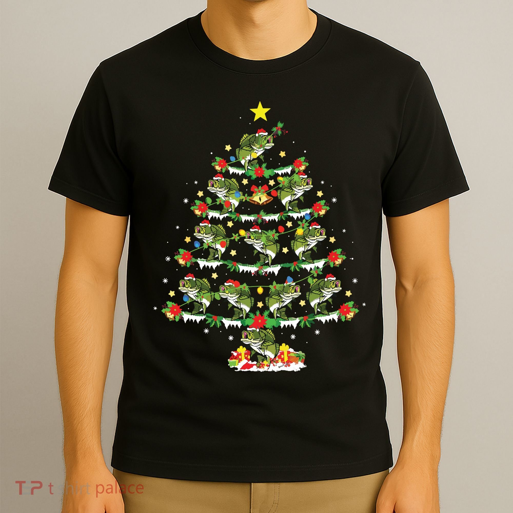 Holiday Xmas Lighting Santa Bass Fish Christmas Tree T-Shirt