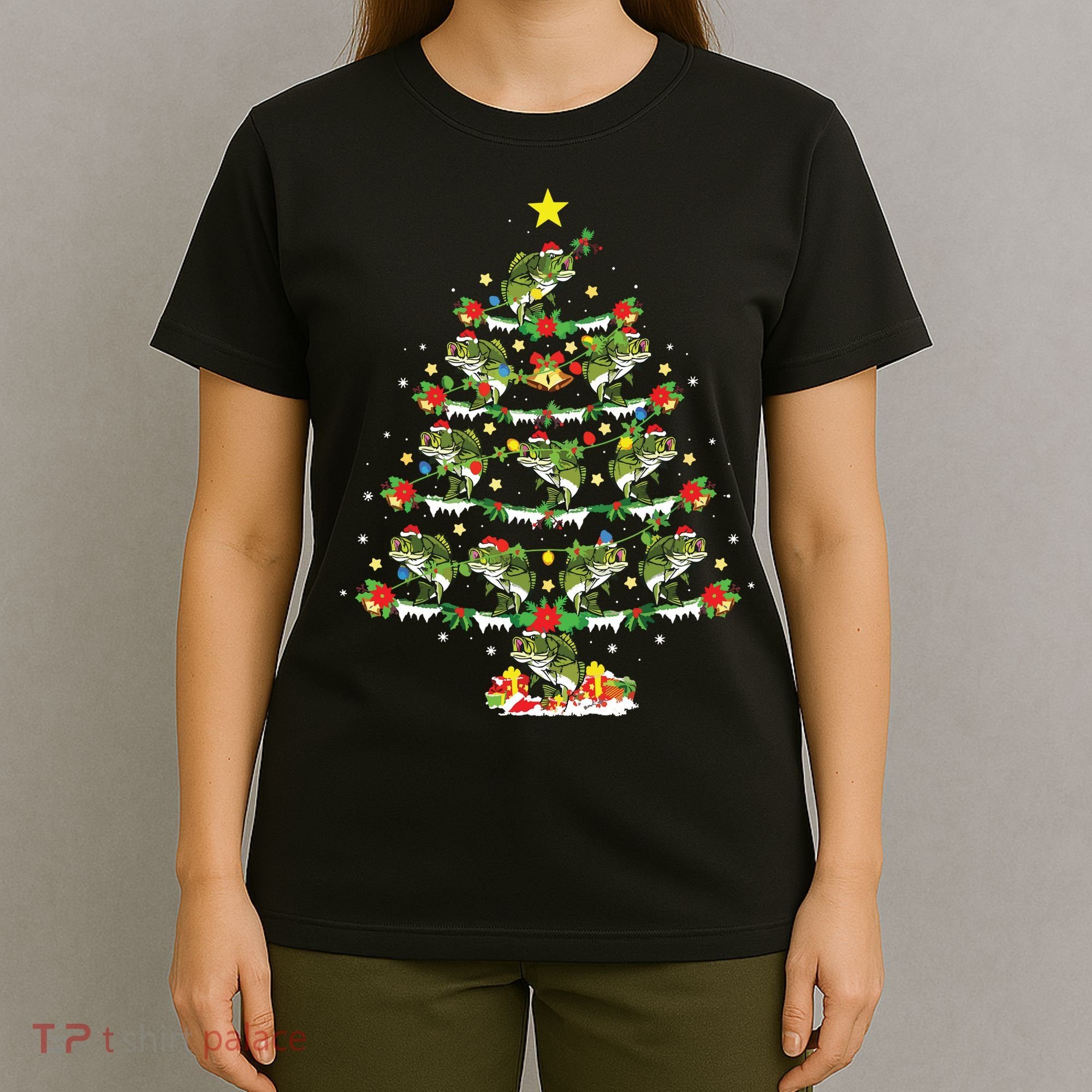 Holiday Xmas Lighting Santa Bass Fish Christmas Tree T-Shirt