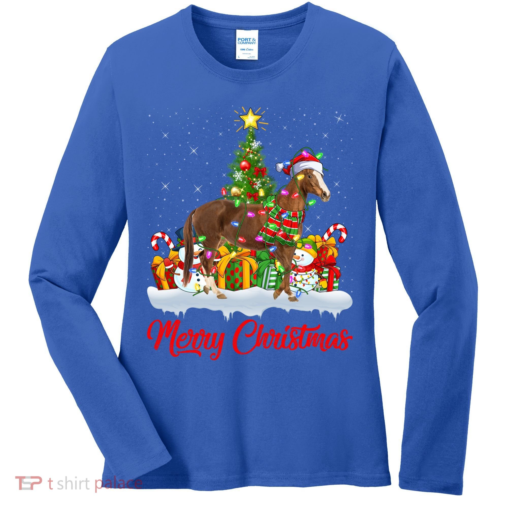 Horse Xmas Tree Lighting Santa Horse Christmas Gift Women's Long Sleeve Shirt