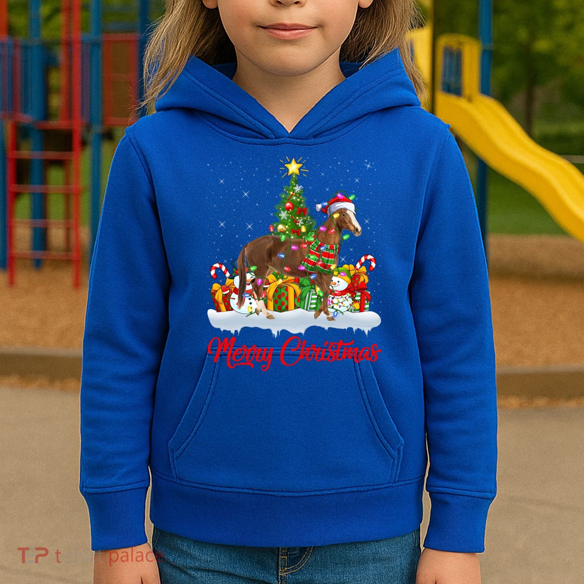 Horse Xmas Tree Lighting Santa Horse Christmas Gift Kids Hoodie