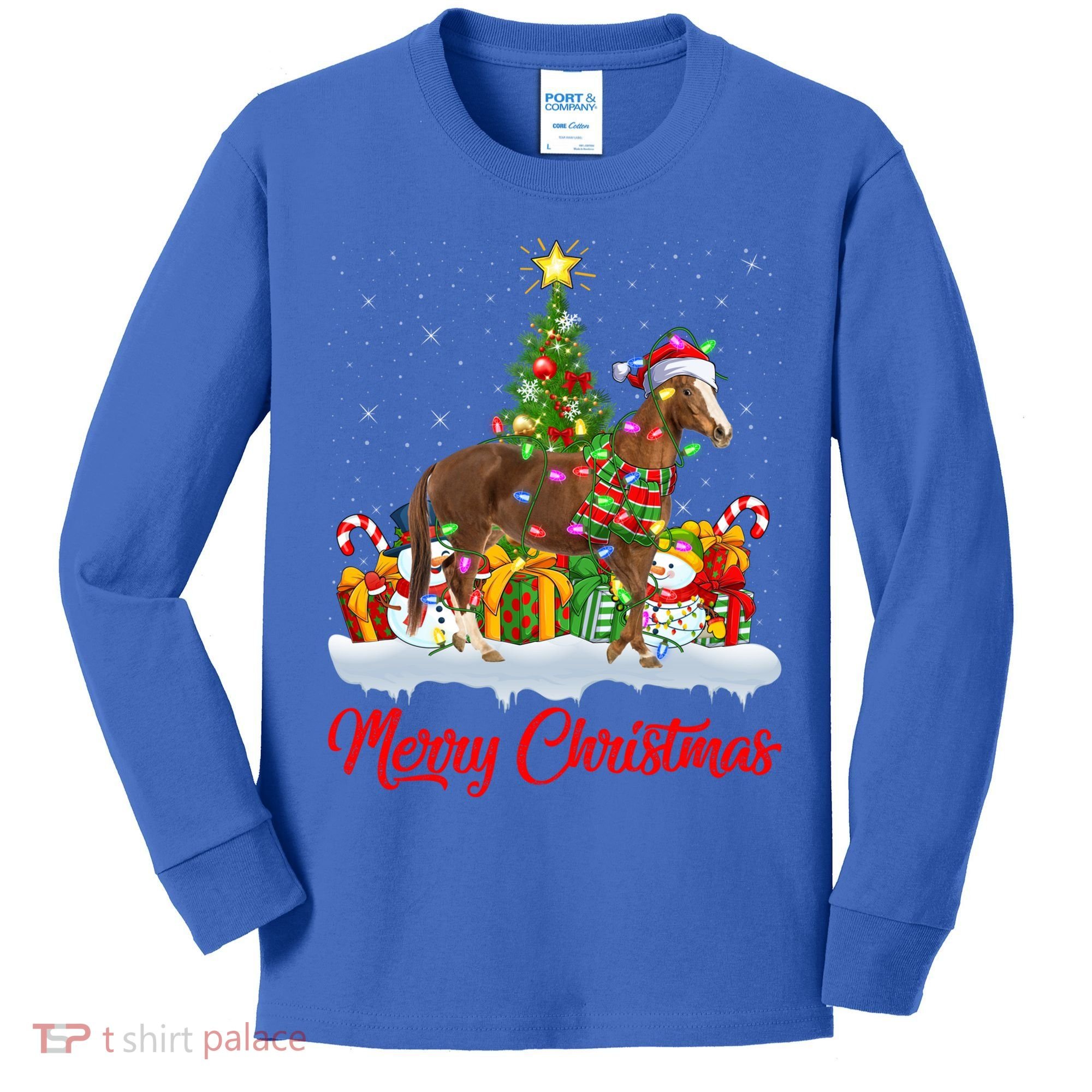Horse Xmas Tree Lighting Santa Horse Christmas Gift Kids Long Sleeve Shirt