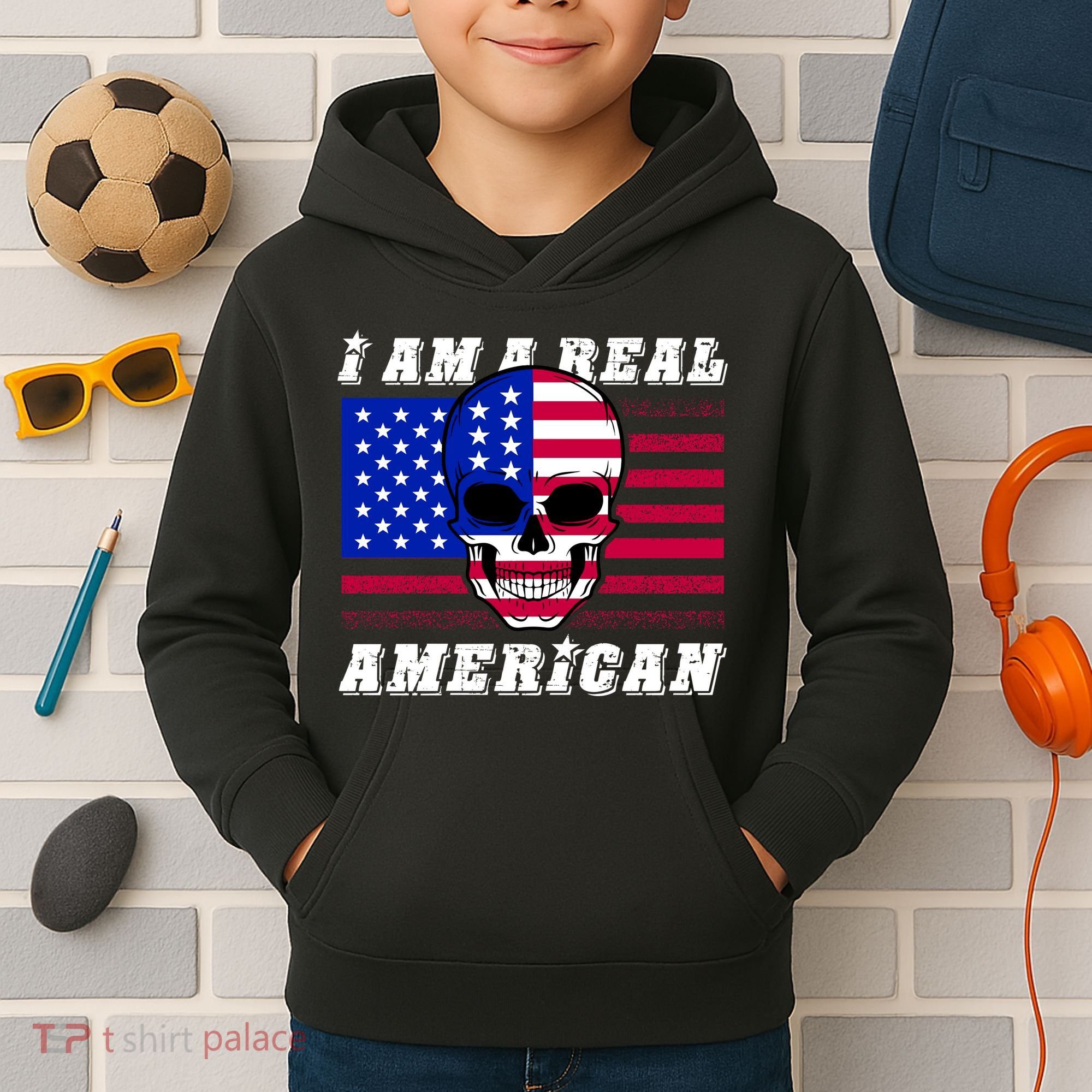 I Am A Real American Skull Flag Kids Hoodie